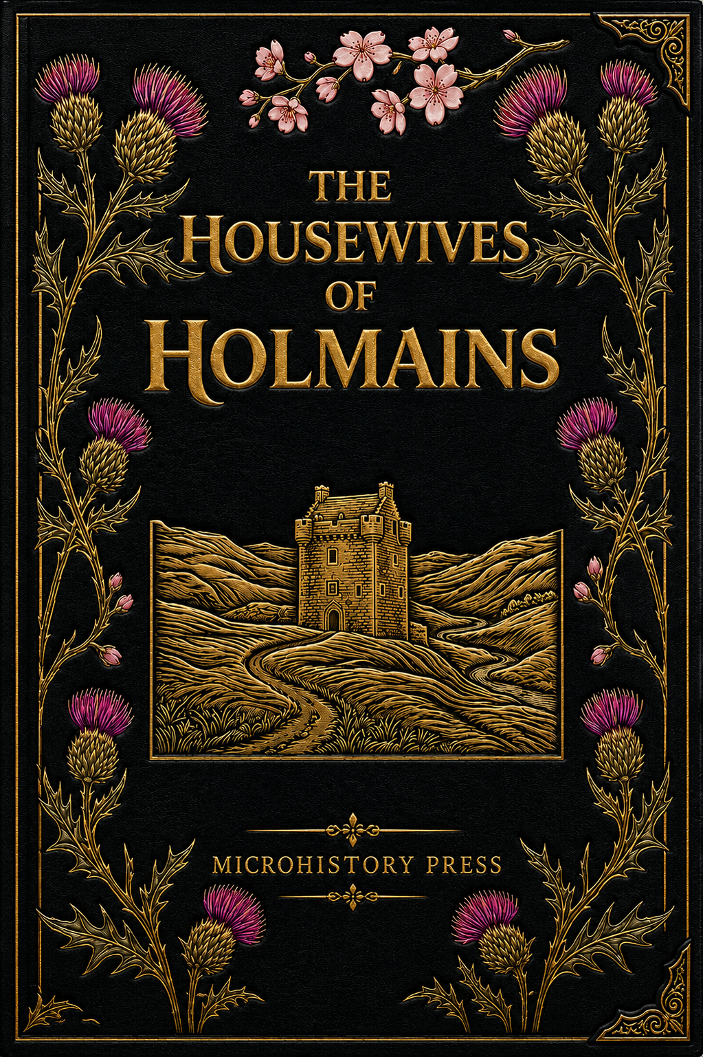 Book cover titled "The Housewives of Holmans" with ornate gold thistle flowers, an illustration of Holmains Tower circa 1500 on a black background.