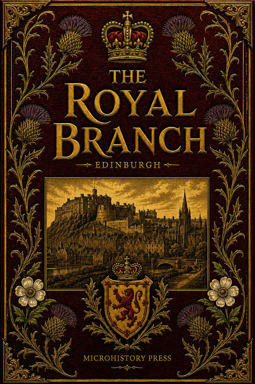 Book cover titled "The Royal Branch, Edinburgh" with a detailed illustration of Edinburgh's skyline, a royal crest, and decorative floral elements in gold and red.