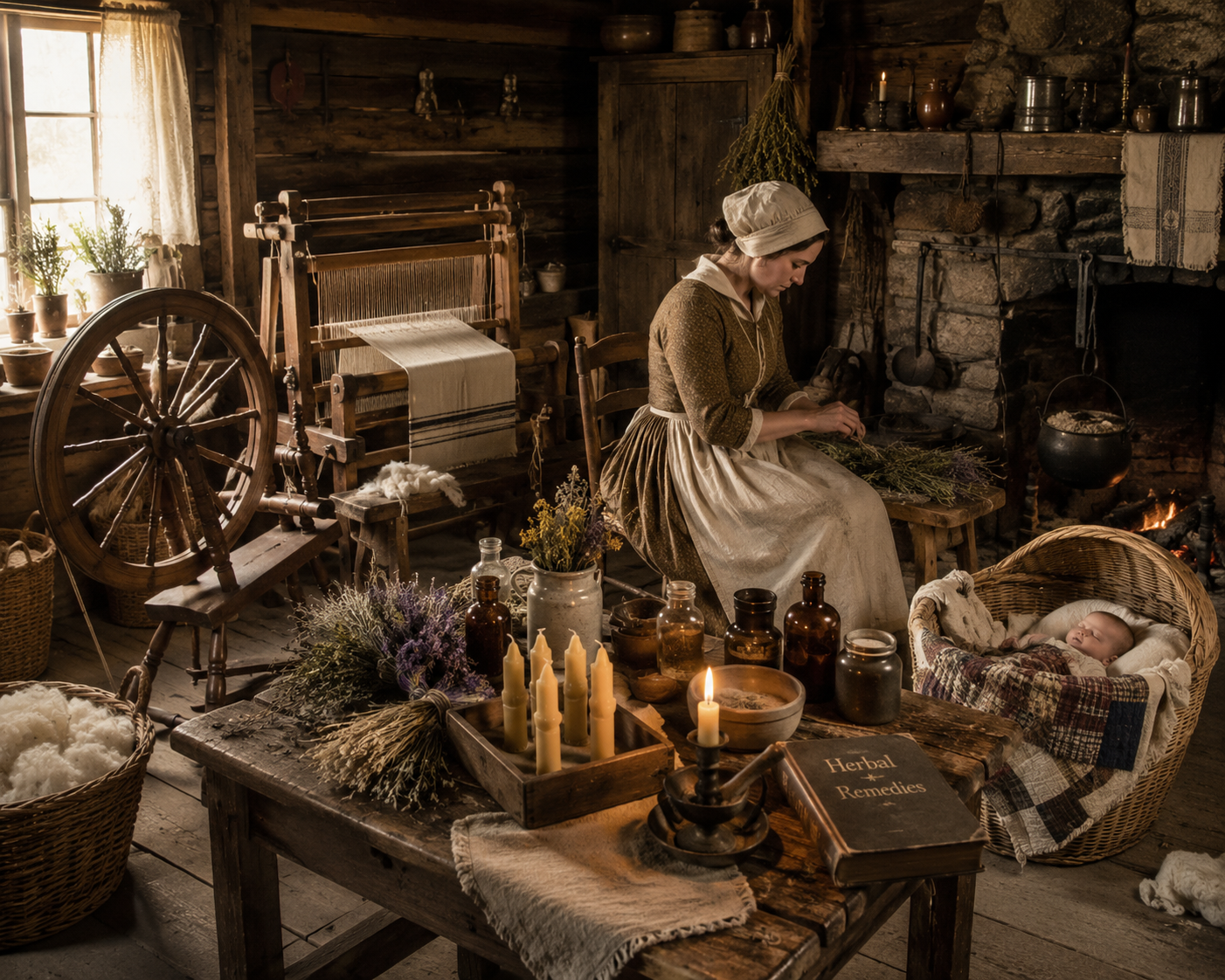 A woman in historical clothing sitting in a rustic cabin with a stone fireplace, surrounded by candles, herbs, and herbal remedies. A baby sleeps in a wicker cradle nearby.