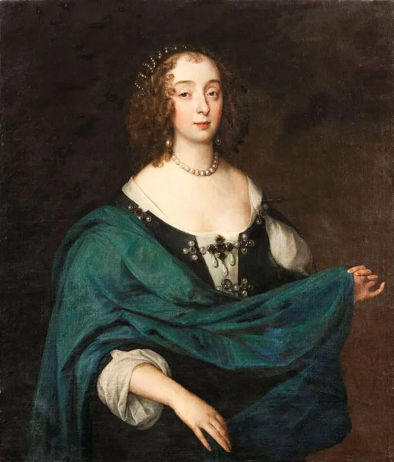 A portrait of a woman dressed in historical attire, wearing a pearl necklace and earrings, with curly hair and a calm expression.