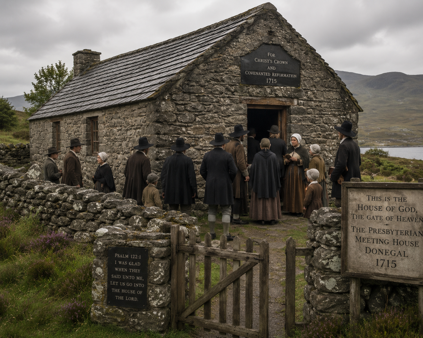 A historical reenactment scene at the Presbyterian Meeting House in Donegal, showing people dressed in 18th-century clothing outside a stone church with signs indicating it was built in 1715 for Christ's crown and covenant reform.