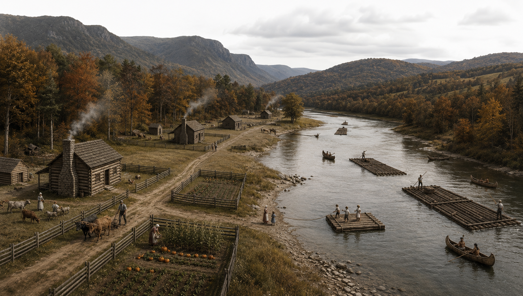 A scenic view of a historical Pennsylvania, an Ulster village along Susquehannah river, with small wooden houses and farmland. People are working, floating or pulling log platform boats, and tending to animals. Friendly Indians floating by too.