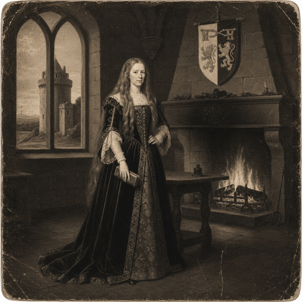 A woman dressed in elaborate medieval clothing standing inside a castle with a fireplace, a heraldic banner hanging above, and a view of a tower through a large arched window.