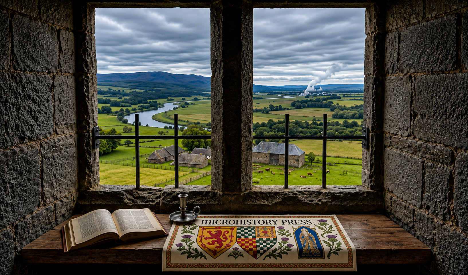 View of a lush green valley with a river, farmhouses, and a factory with smoke emissions seen through a stone window frame, with a table displaying an open book, a candle holder, and a cloth with the logo of Microhistory Press.