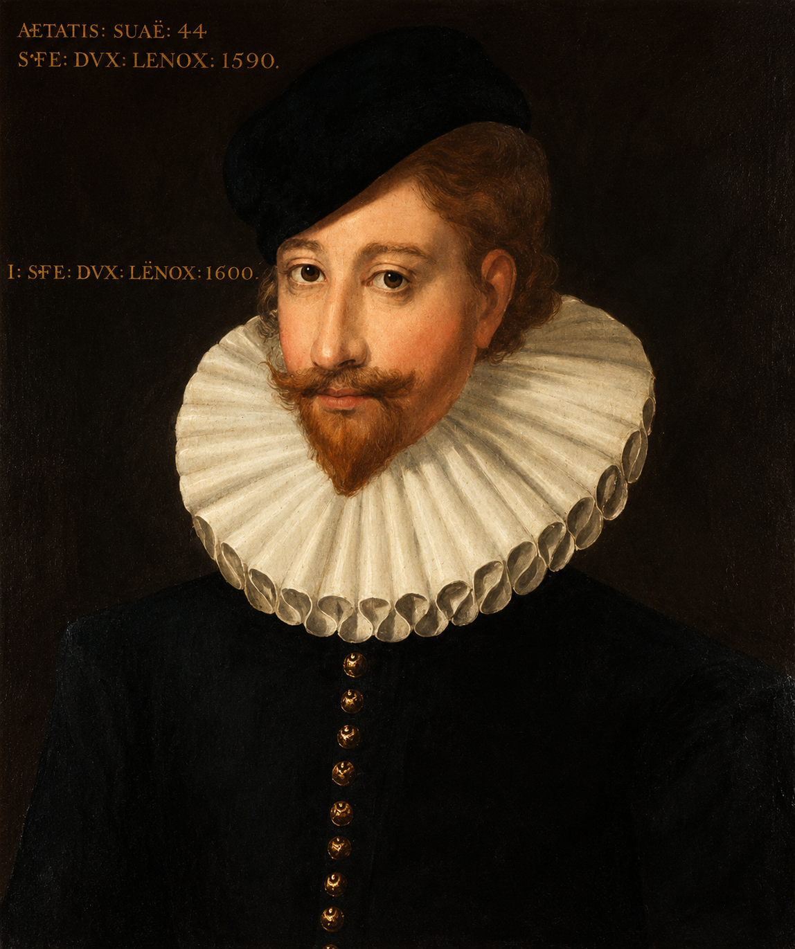 Portrait of a man with a mustache and beard wearing a black hat and a large white ruffled collar, with gold buttons on his black clothing. Text in the upper left corner includes Latin phrases and dates.