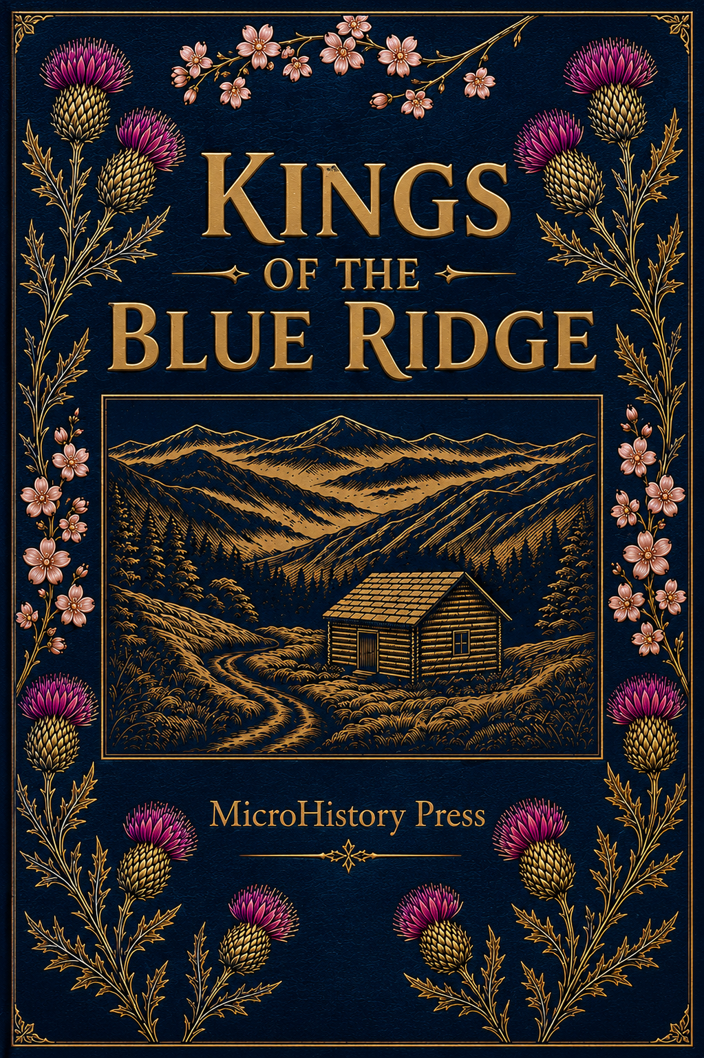 Book cover titled 'Kings of the Blue Ridge' with a dark blue background, gold text, an illustration of a mountain landscape with a log cabin, with pink apple blossom flowers and thistle decorations.