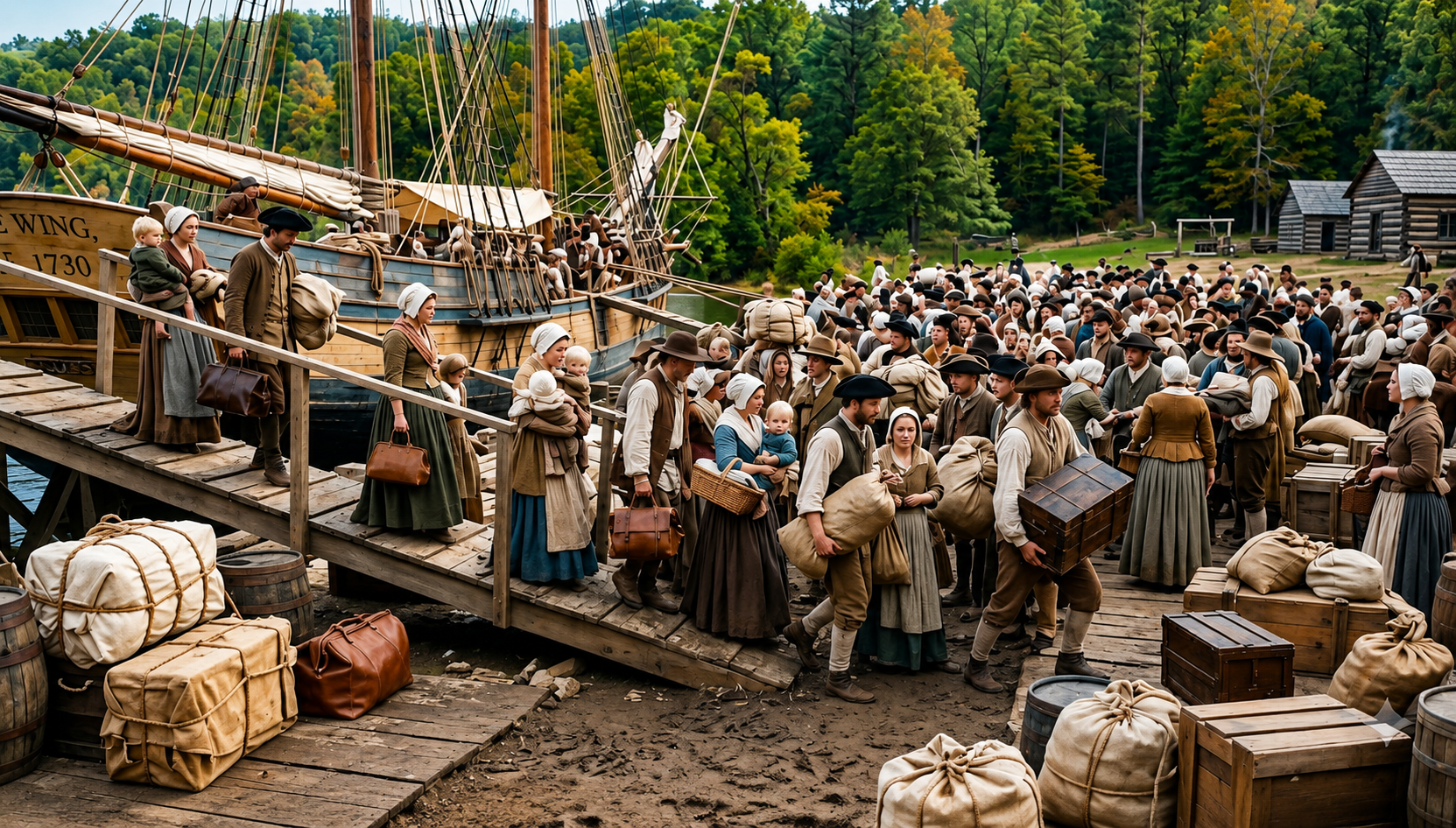 Immigrants dressed in 18th-century clothing departing a wooden ship at a dock on shore, with luggage and crates.