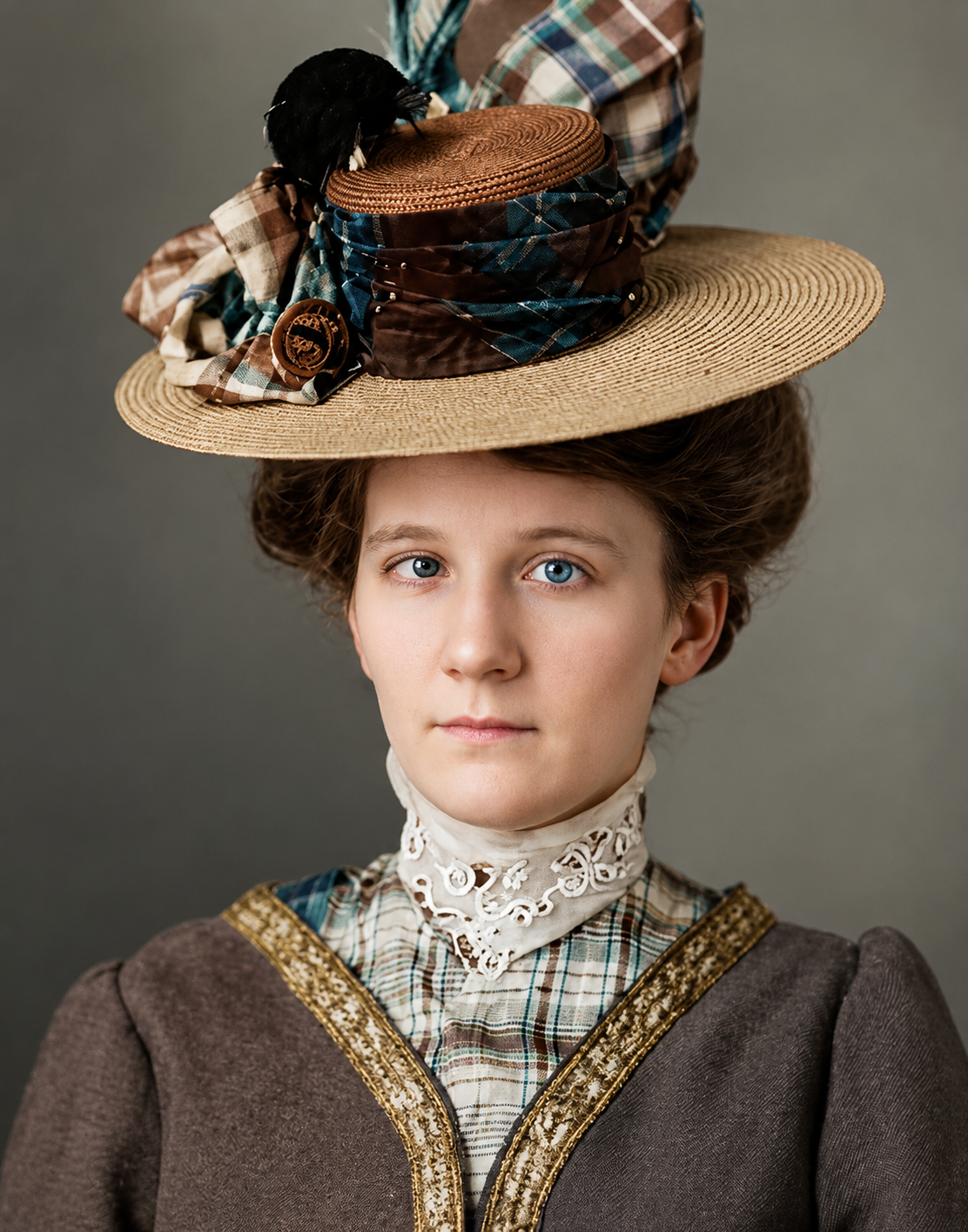 A young woman with blue eyes wearing a vintage dress and lace collar, with an elaborate wide straw hat decorated with fabric, ribbons, and a pin.