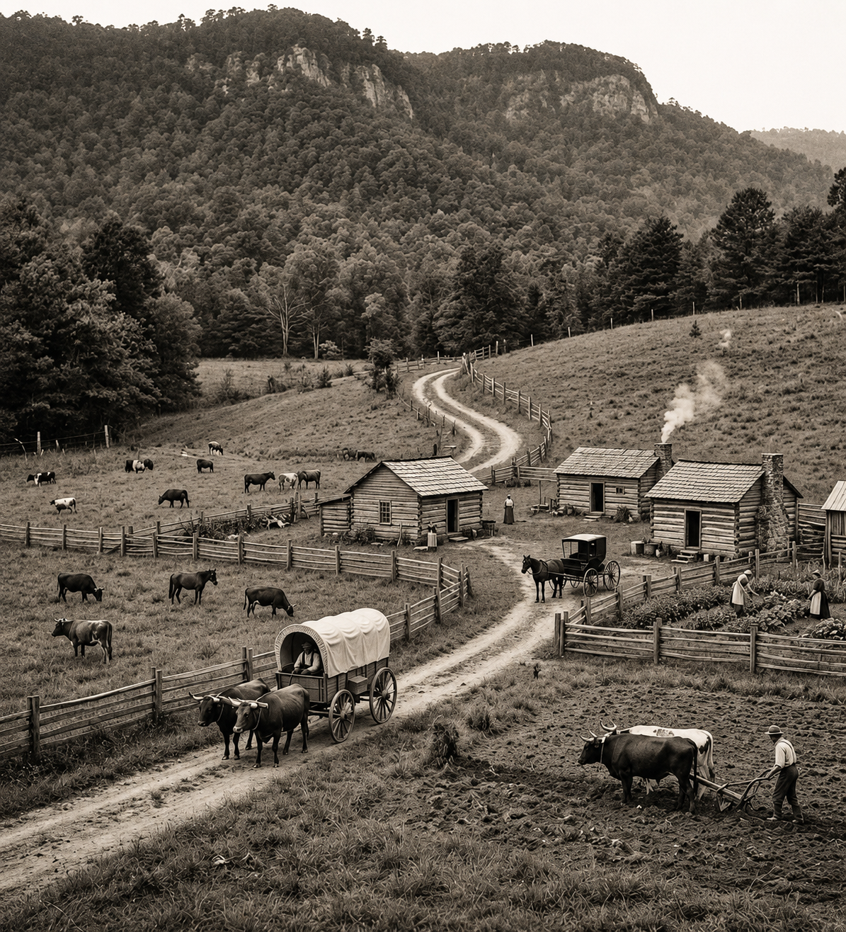 Black and white image of a rural farm with wooden cabins, fences, cattle grazing, and people working near the cabins, with a mountainous background and a winding dirt road.