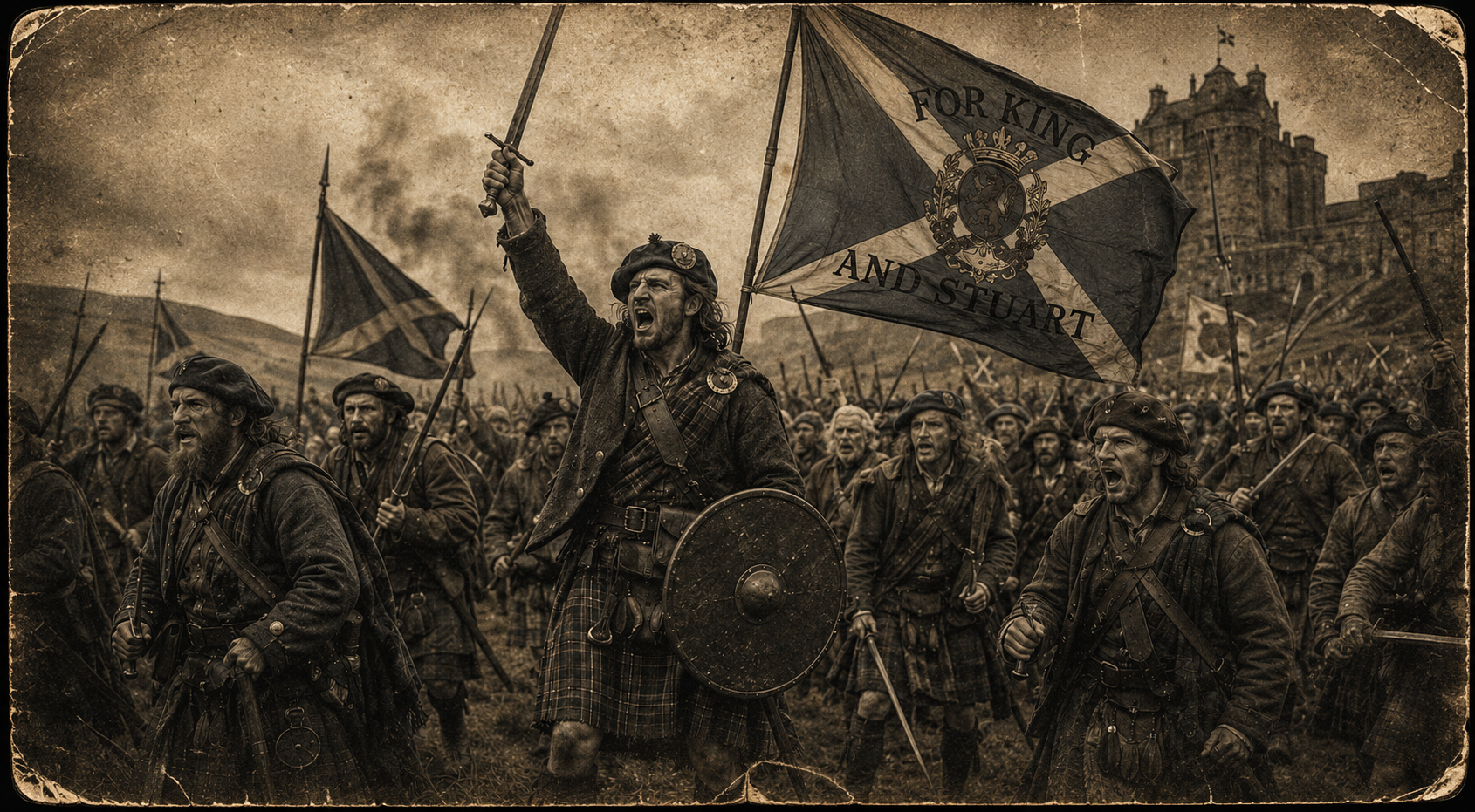 Historical battle scene with soldiers in combat, central soldier is shouting and holding a flag that reads 'For King and Stuart,' in front of a castle, with vintage sepia tone and worn edges.