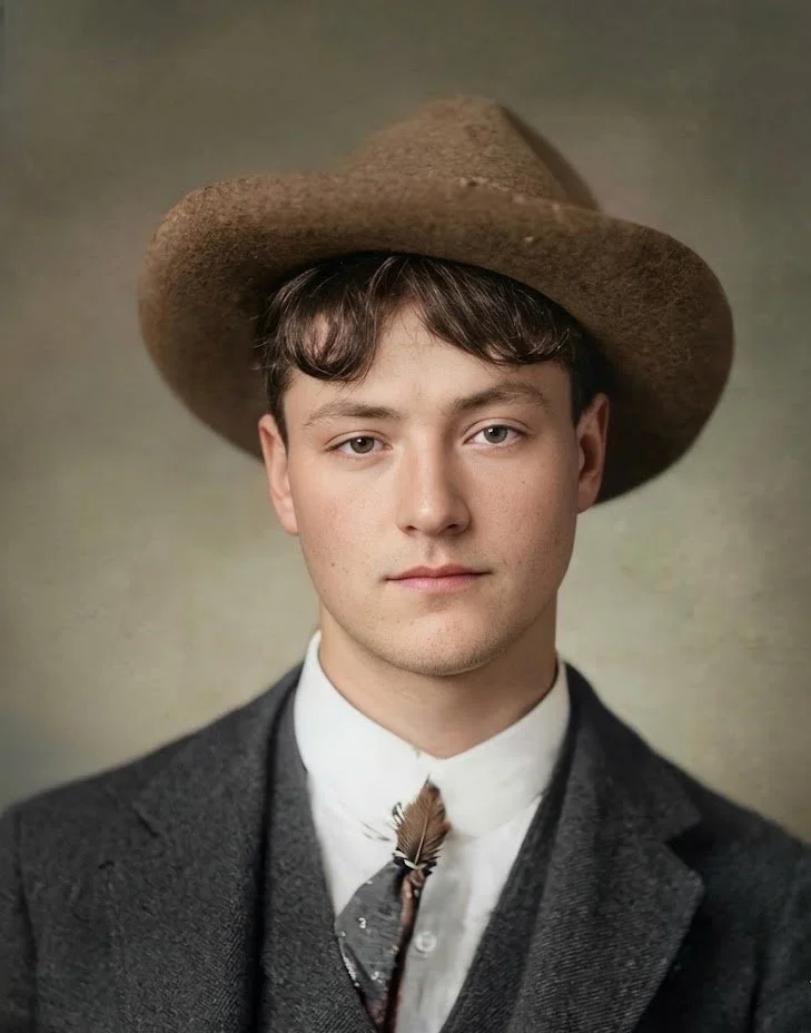 A young man wearing a large brown felt hat, a white shirt, a dark jacket, and a feathered tie.