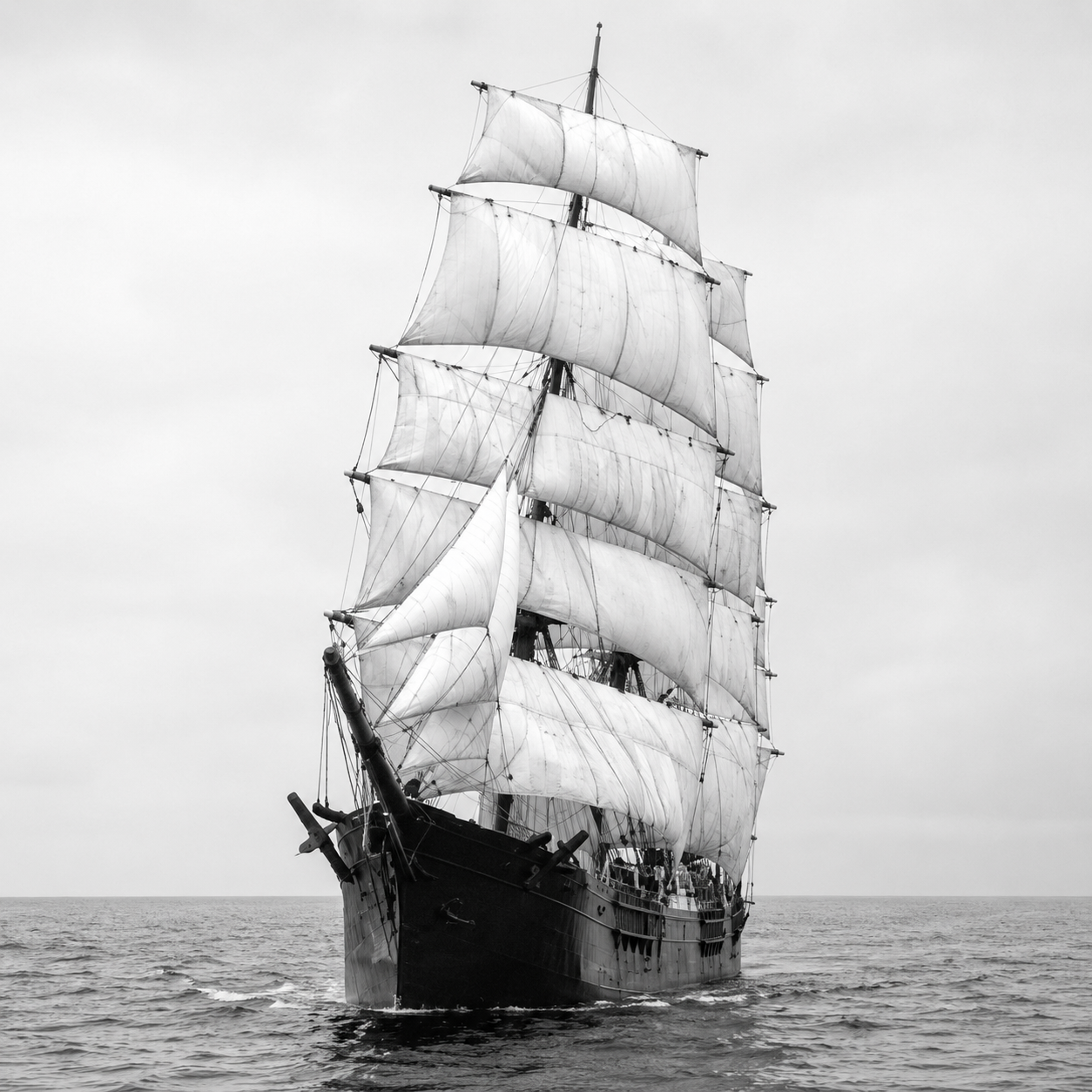 A black and white photo of a tall sailing ship with multiple masts and sails on the ocean.