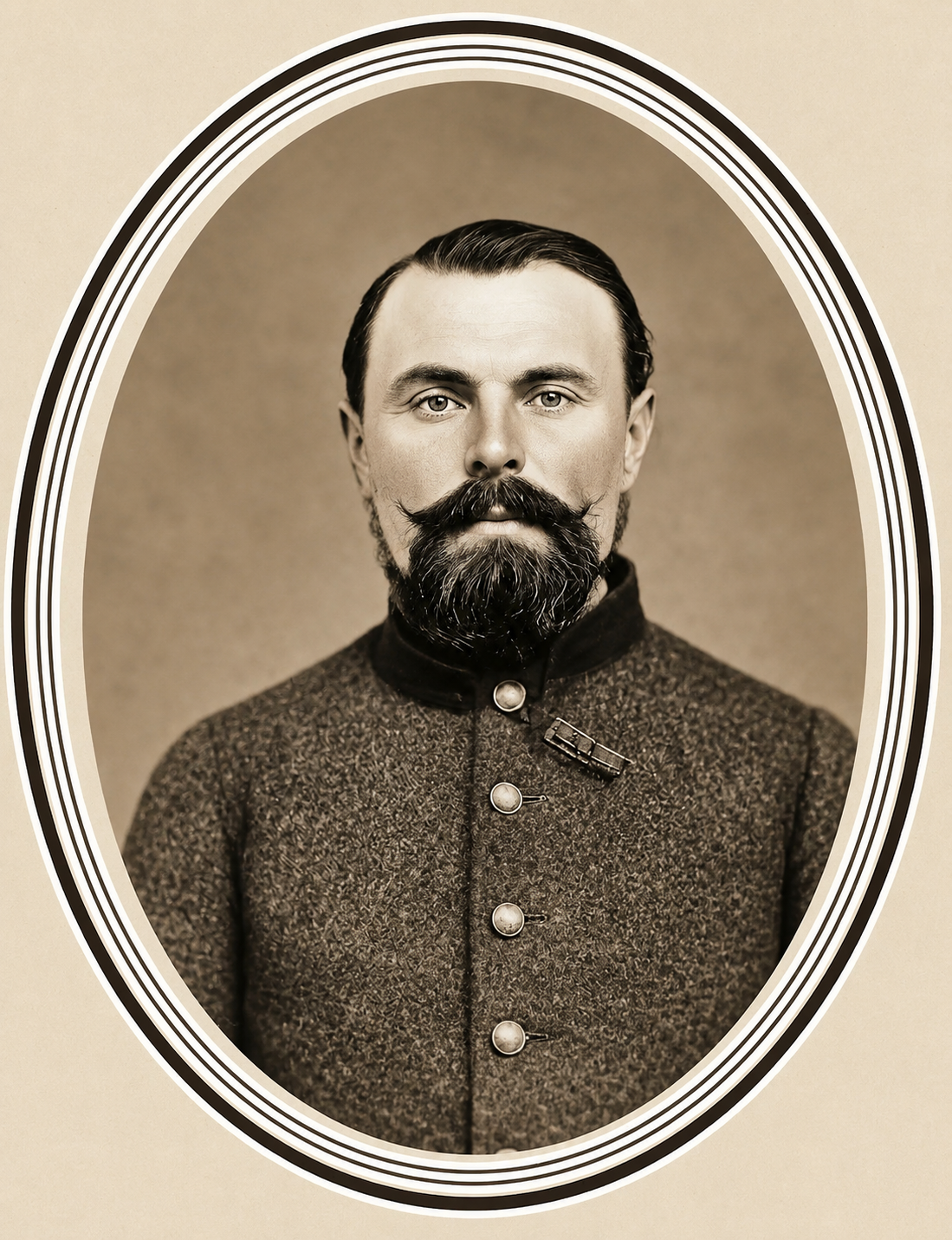 Sepia-toned portrait of a man with a styled mustache and beard, wearing a vintage high-collared coat with decorative buttons, framed in an ornate oval border.