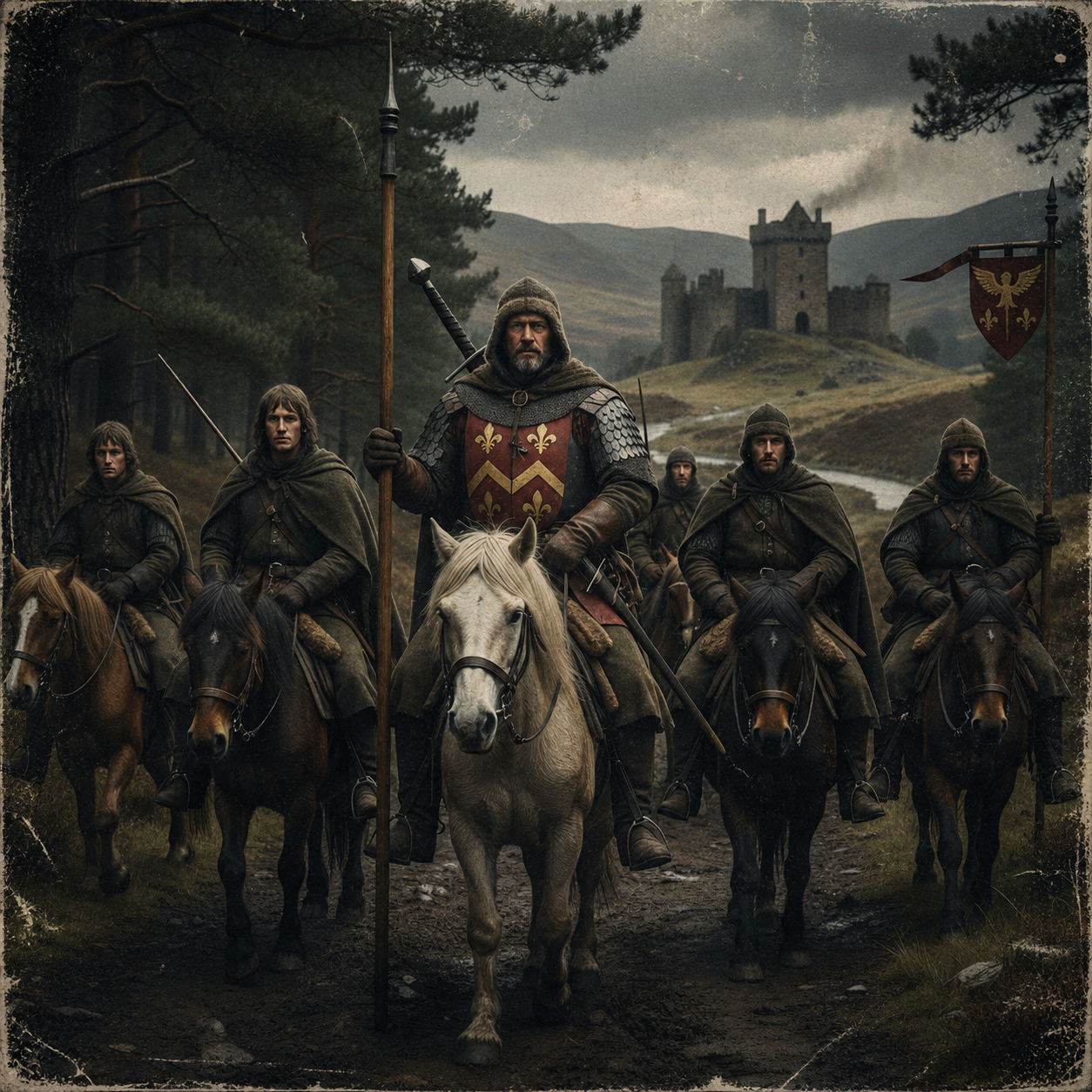 A group of medieval knights on horseback riding through a forested landscape with a stone castle in the background, under a cloudy sky.
