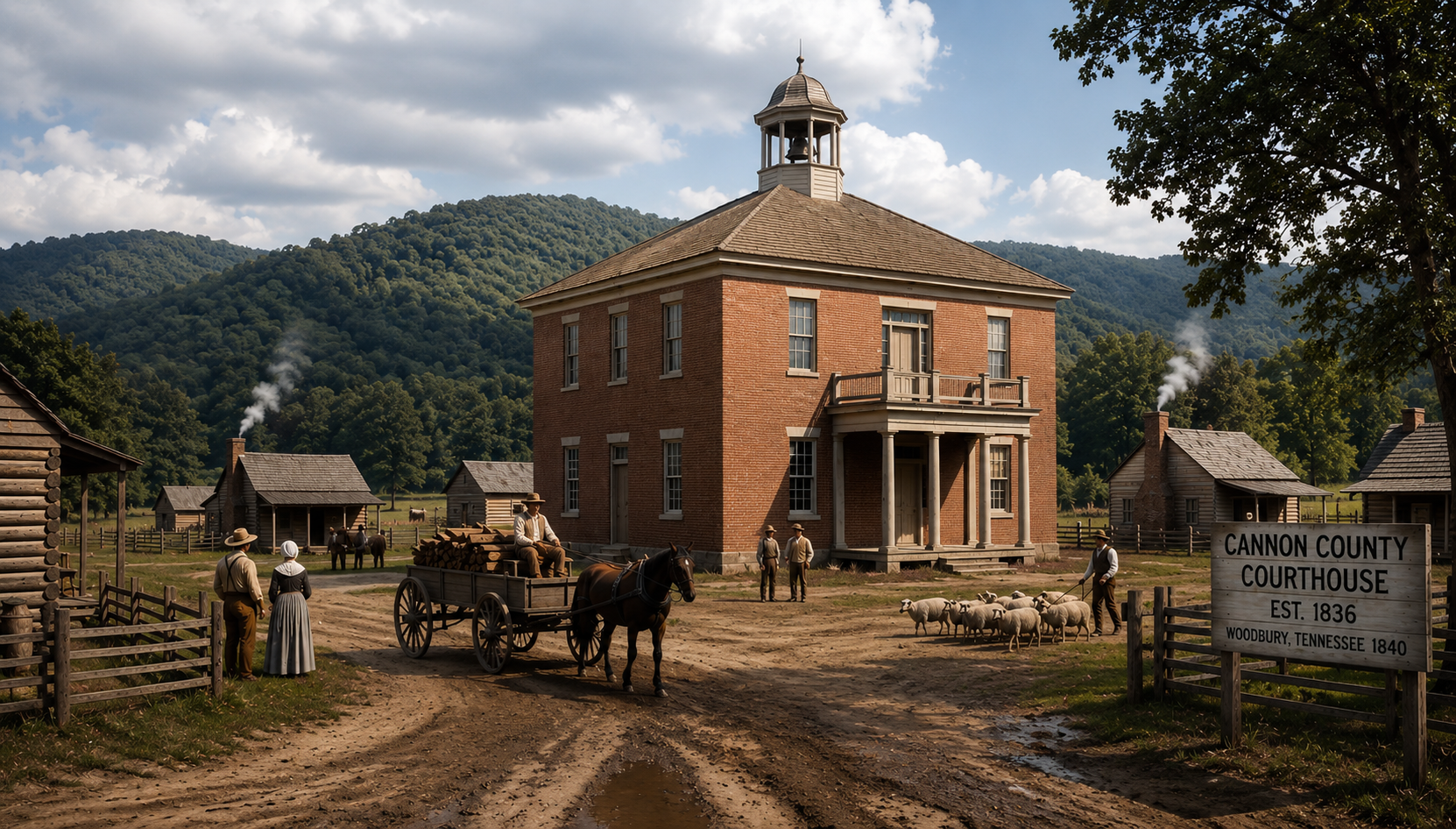 Historical scene of the Cannon County Courthouse in Woodbury, Tennessee, built in 1836, with people, horses, a cart, and small houses, set against a mountain range under a cloudy sky.
