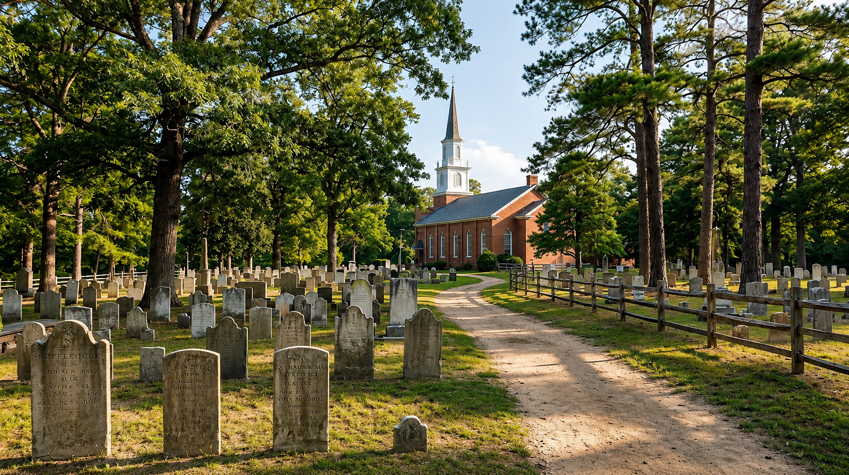 Graveyard with numerous headstones, large trees, and a red brick church with a tall steeple in the background, under a blue sky with some clouds.