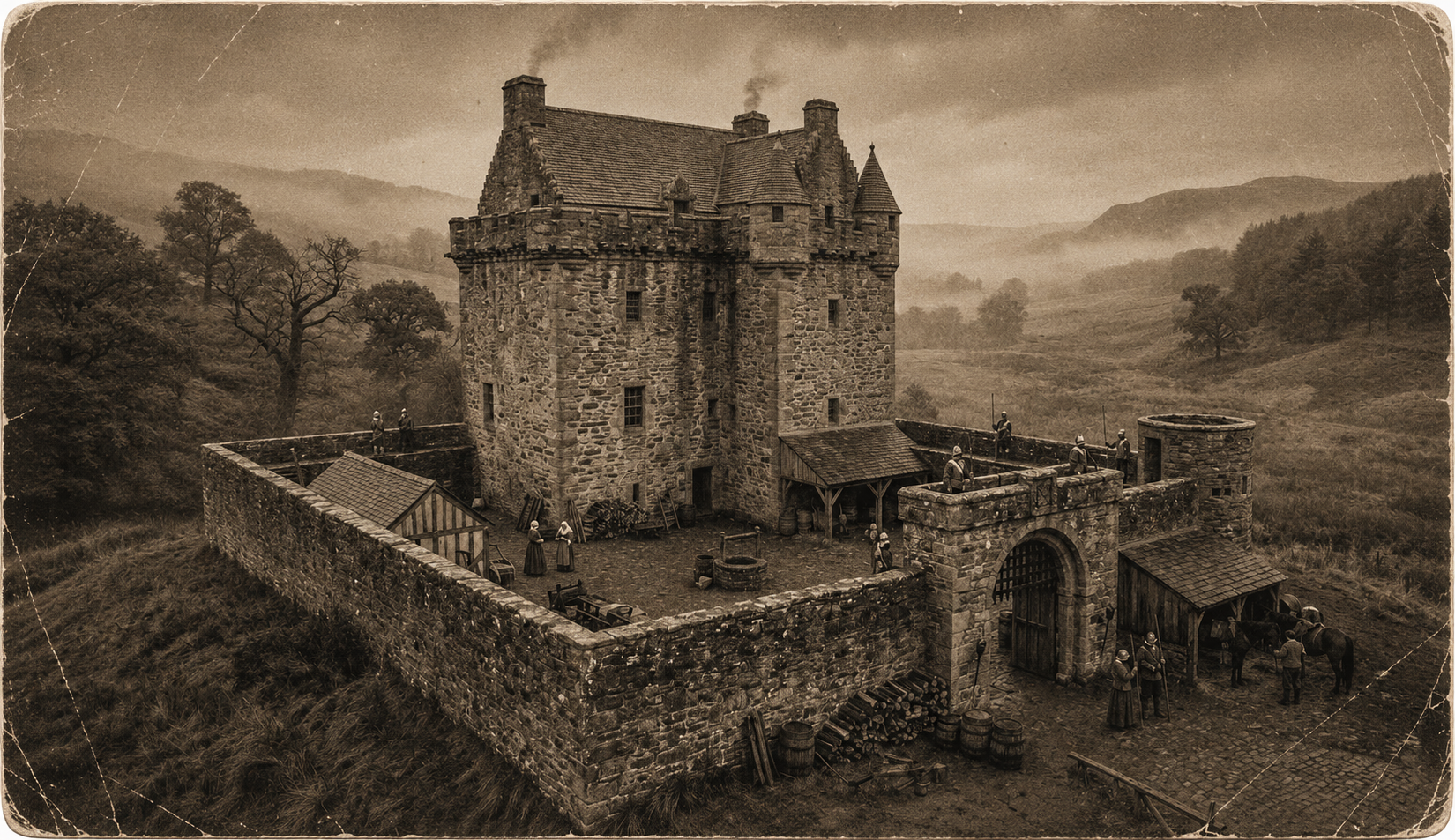 A historic stone castle with a courtyard, surrounded by a stone wall. Several people dressed in period clothing are inside the courtyard. The castle is in a rural landscape with rolling hills and trees in the background, and smoke rises from chimneys