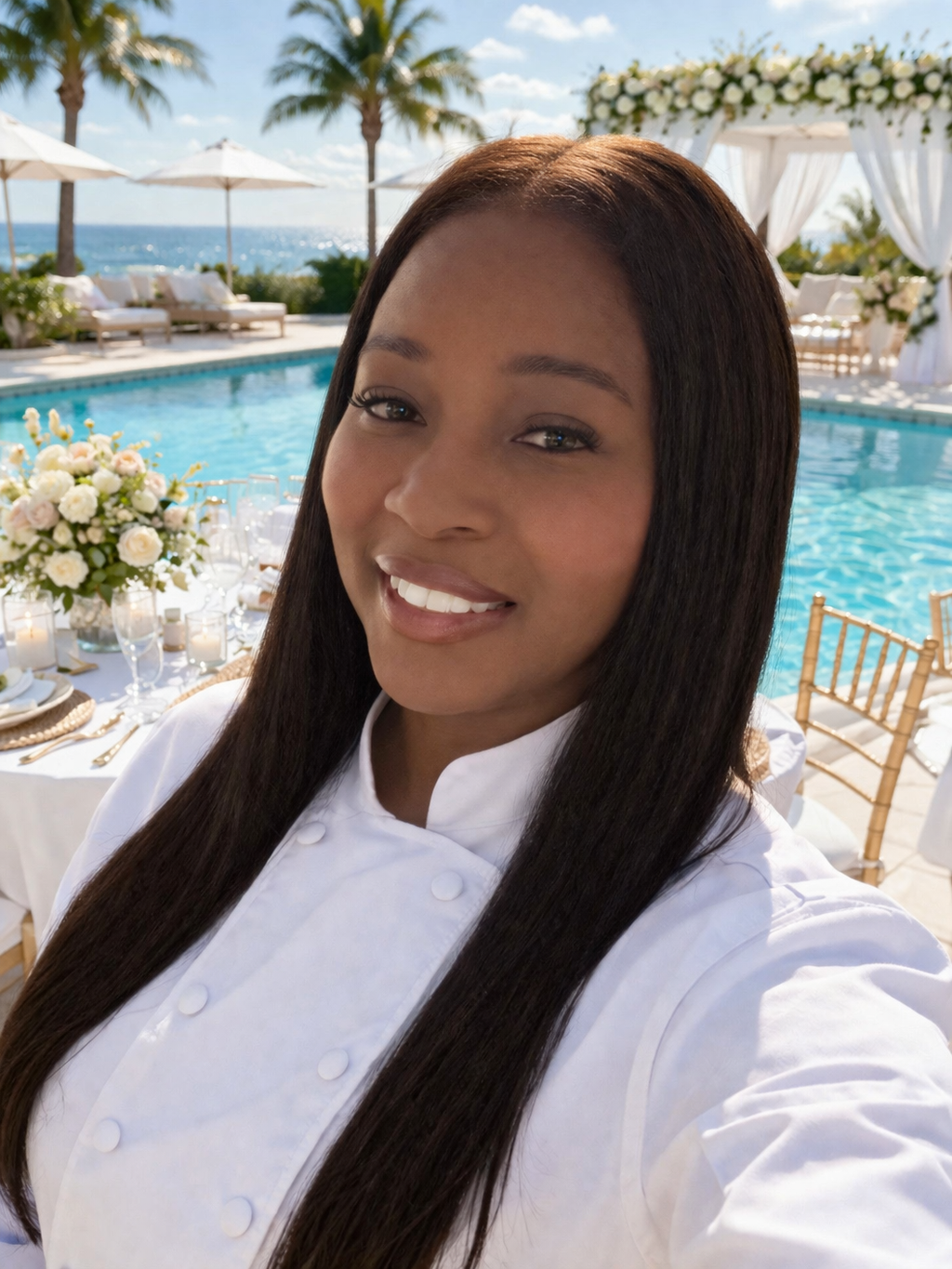 Close-up of a smiling woman in a white chef's coat taking a selfie by a poolside. In the background are tables with white tablecloths, floral centerpieces, candles, gold chairs, a pool, palm trees, and a cabana with white drapes and flowers.