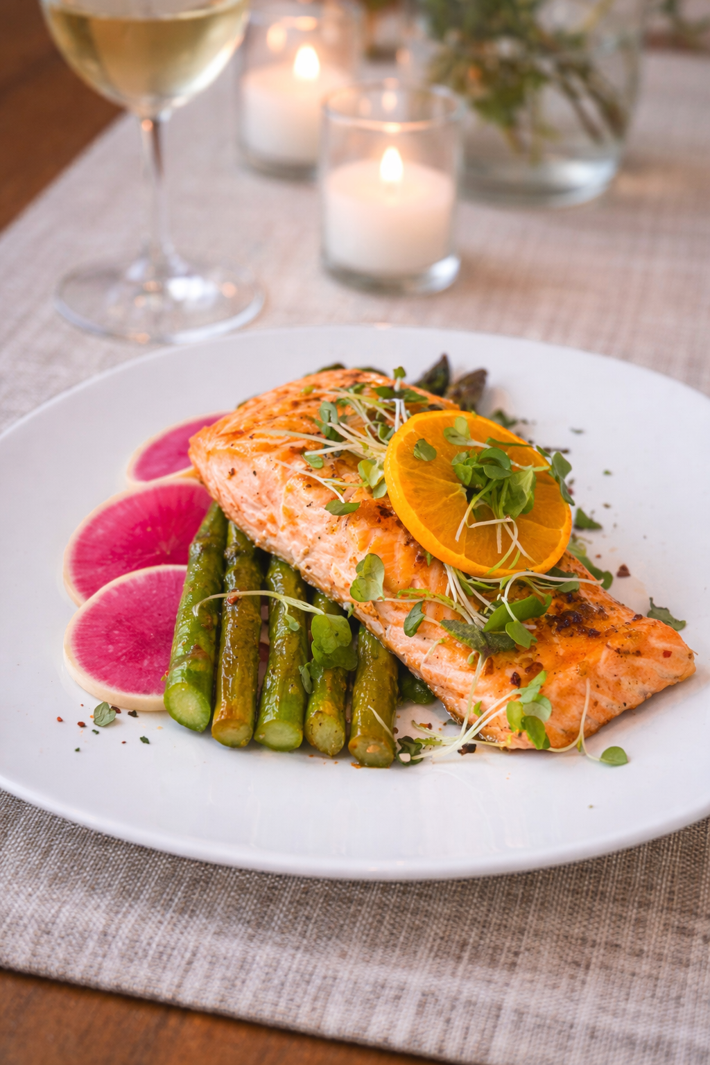 A plate of cooked salmon garnished with orange slices and microgreens, served with green beans and watermelon radish slices. In the background, a glass of white wine, two candles, and a flower vase are visible on a dining table.