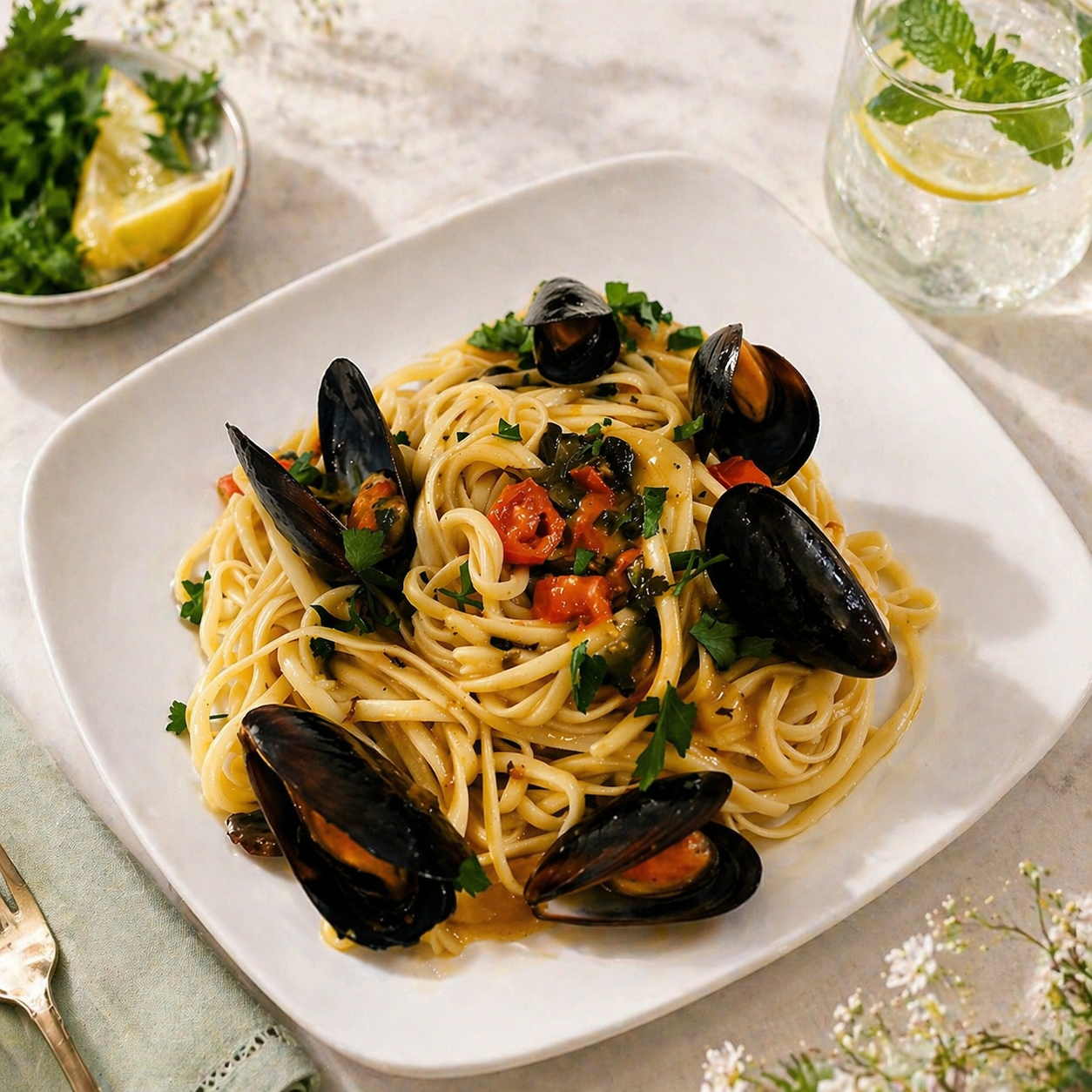 Plate of spaghetti with mussels, cherry tomatoes, and herbs on a white dish, with a lemon and herb drink and a small bowl of lemon wedges and herbs in the background.