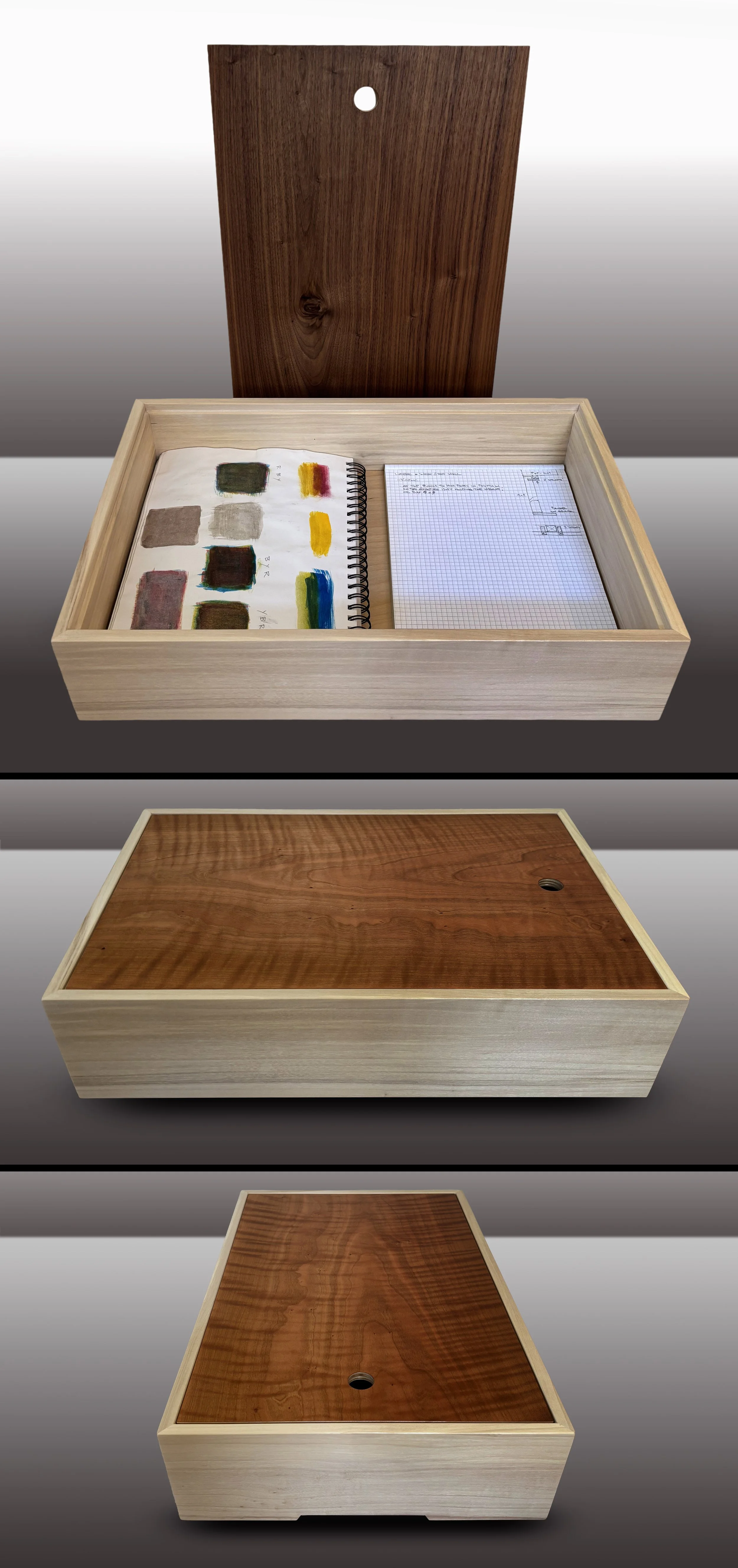 Box: Poplar oiled white. Lid: Wide slices of Curly Cherry on one side and rich Walnut on the reverse. Fits tabloid [A3].
