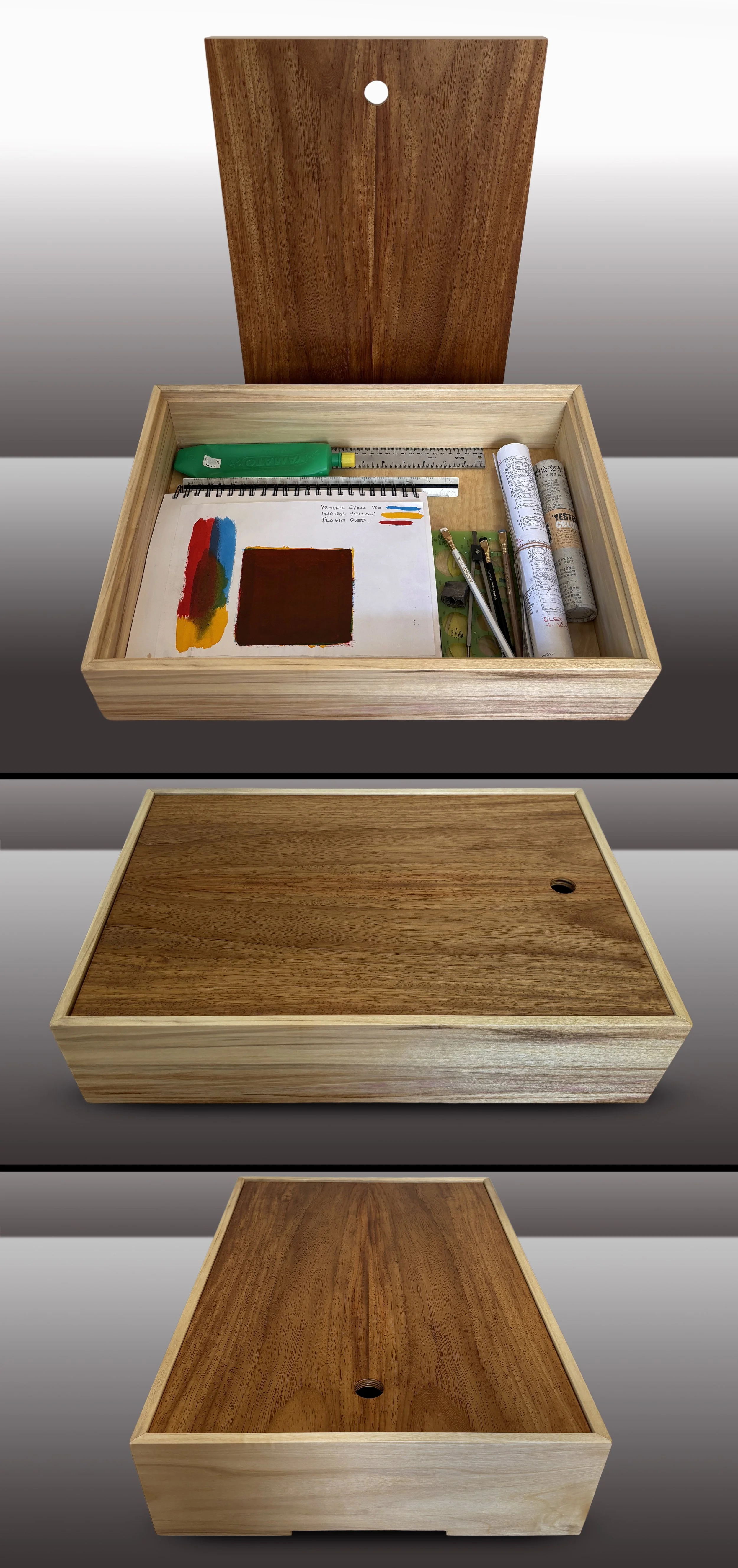 Box: Clear-oiled and well-grained Poplar. Lid: Book-matched exotic Narra wood, both sides. Fits tabloid [A3]. 