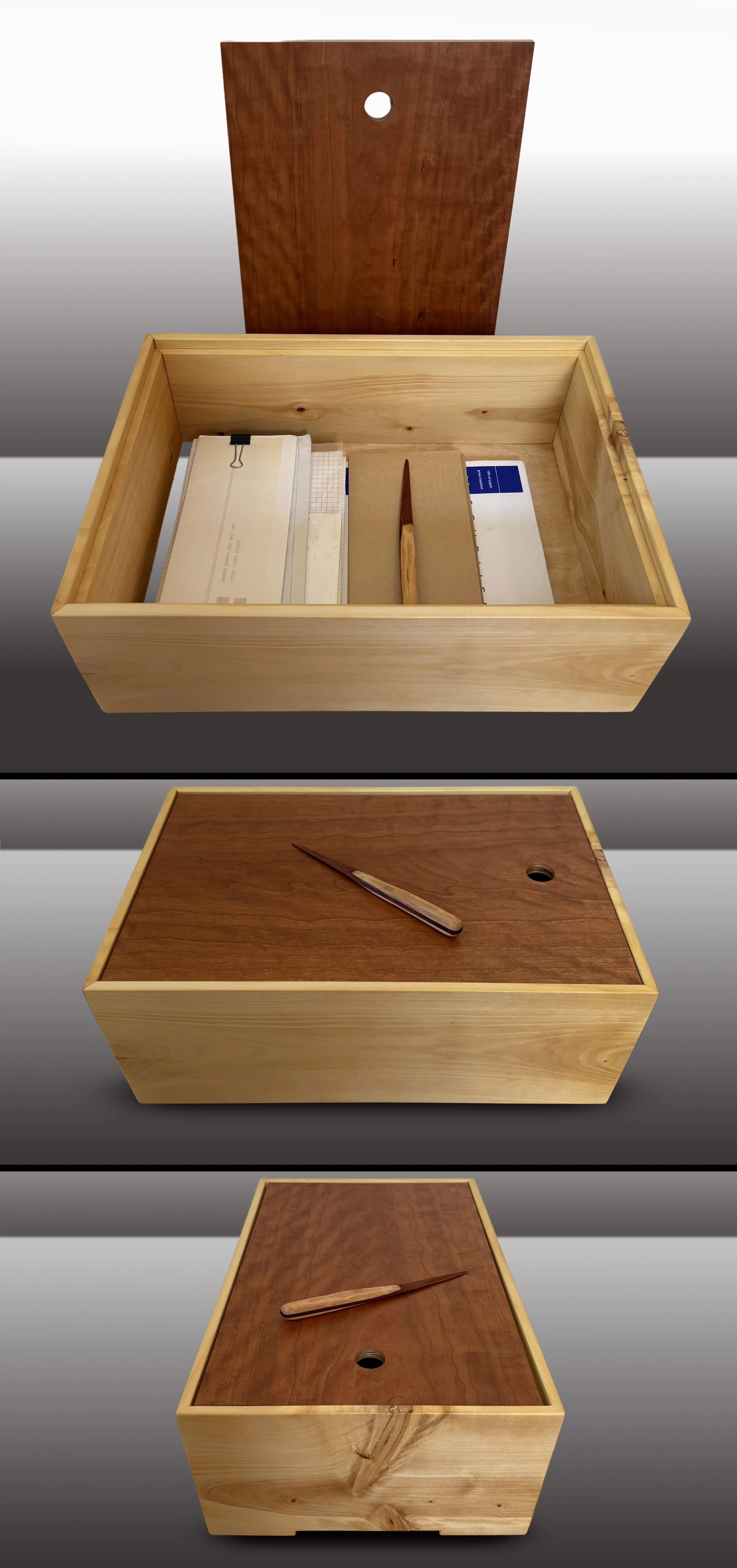Box: Gingko (rare as lumber). Lid: Wide slices of curly Cherry, both sides. Fits legal. Optional letter opener.