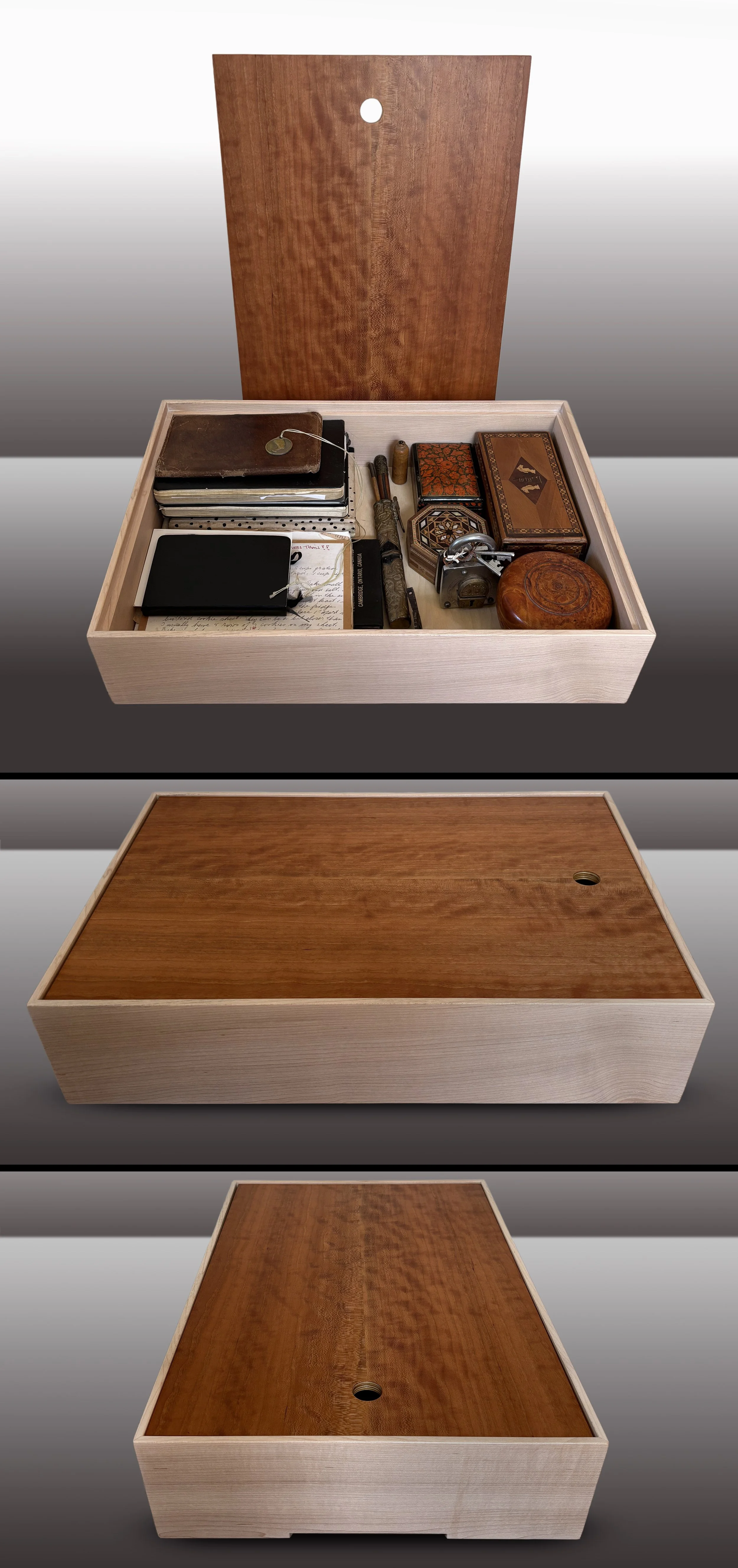 Box: Quarter-sawn maple, lustrously oiled white. Lid: Book-matched curly Cherry, both sides. Fits Tabloid [A3].