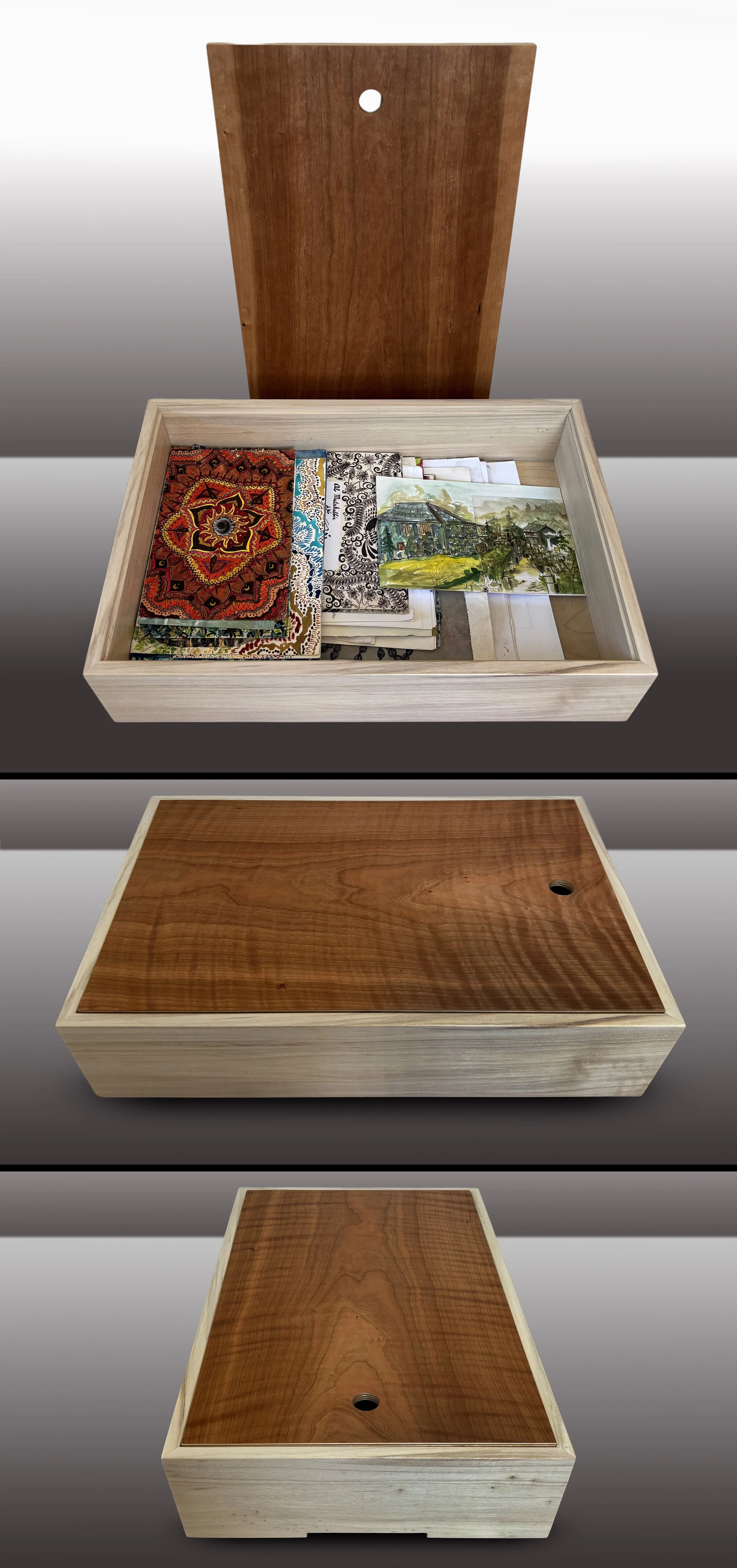 Box: Poplar oiled white. Lid: Wide slices of Curly Cherry on one side and flat-sawn Cherry on the reverse. Fits tabloid [A3].