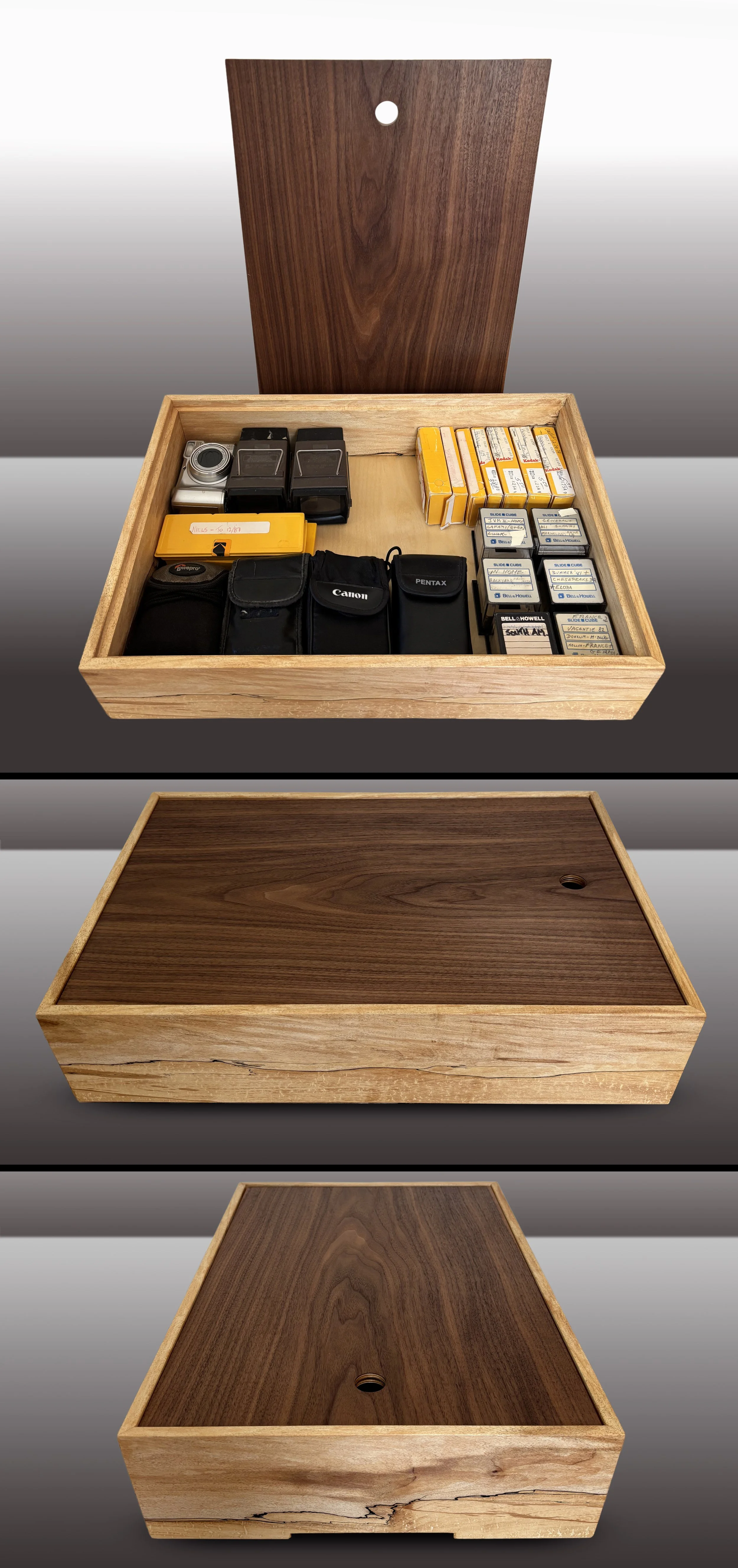 Box: A deeply spalted Soft Maple well coloured by decay. Lid: Wide slices of flat-sawn Walnut, both sides. Fits tabloid [A3].