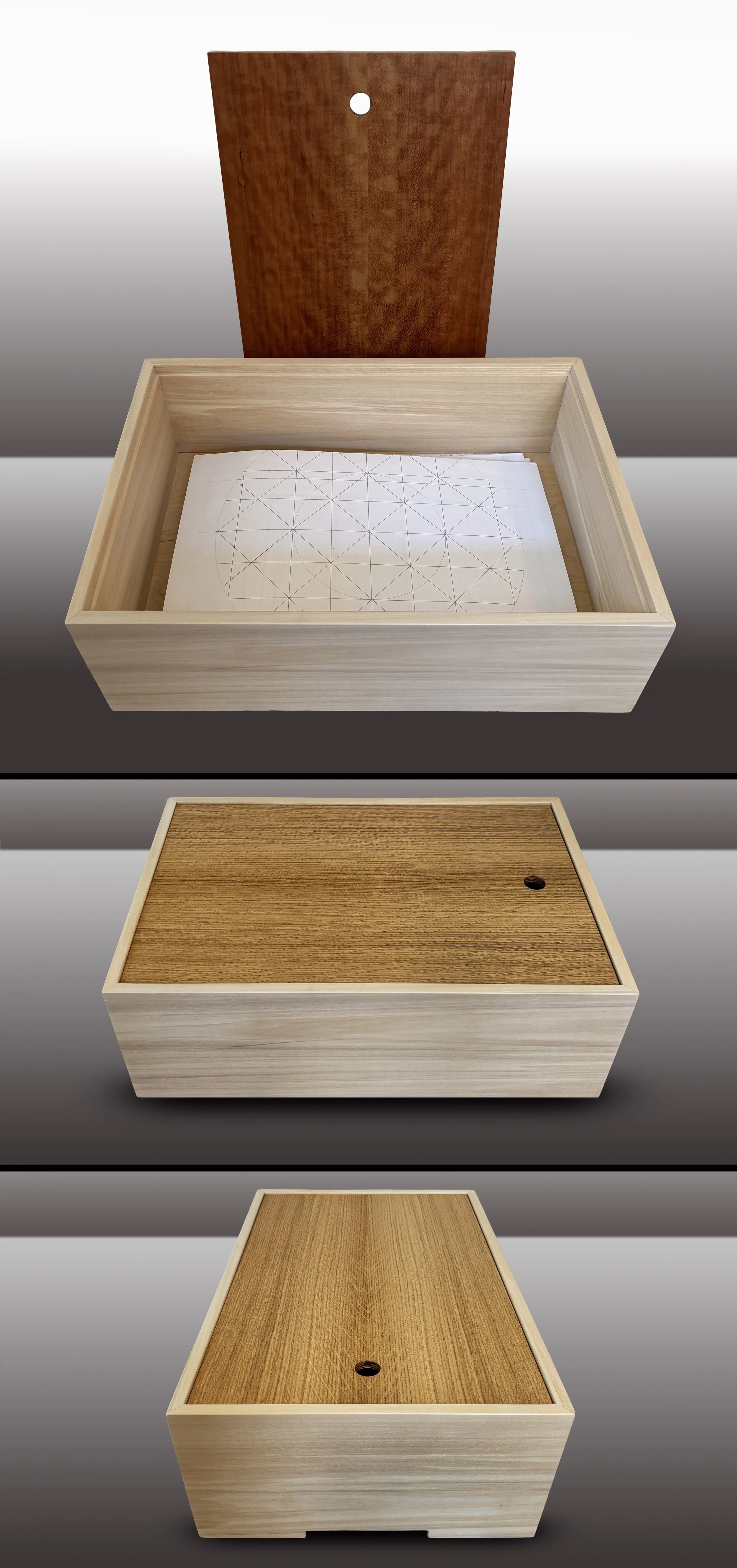 Box: Poplar oiled white. Lid: Book-matched quarter-sawn White Oak one side and curly Cherry on the reverse. Fits tabloid [A3]. 7" deep.