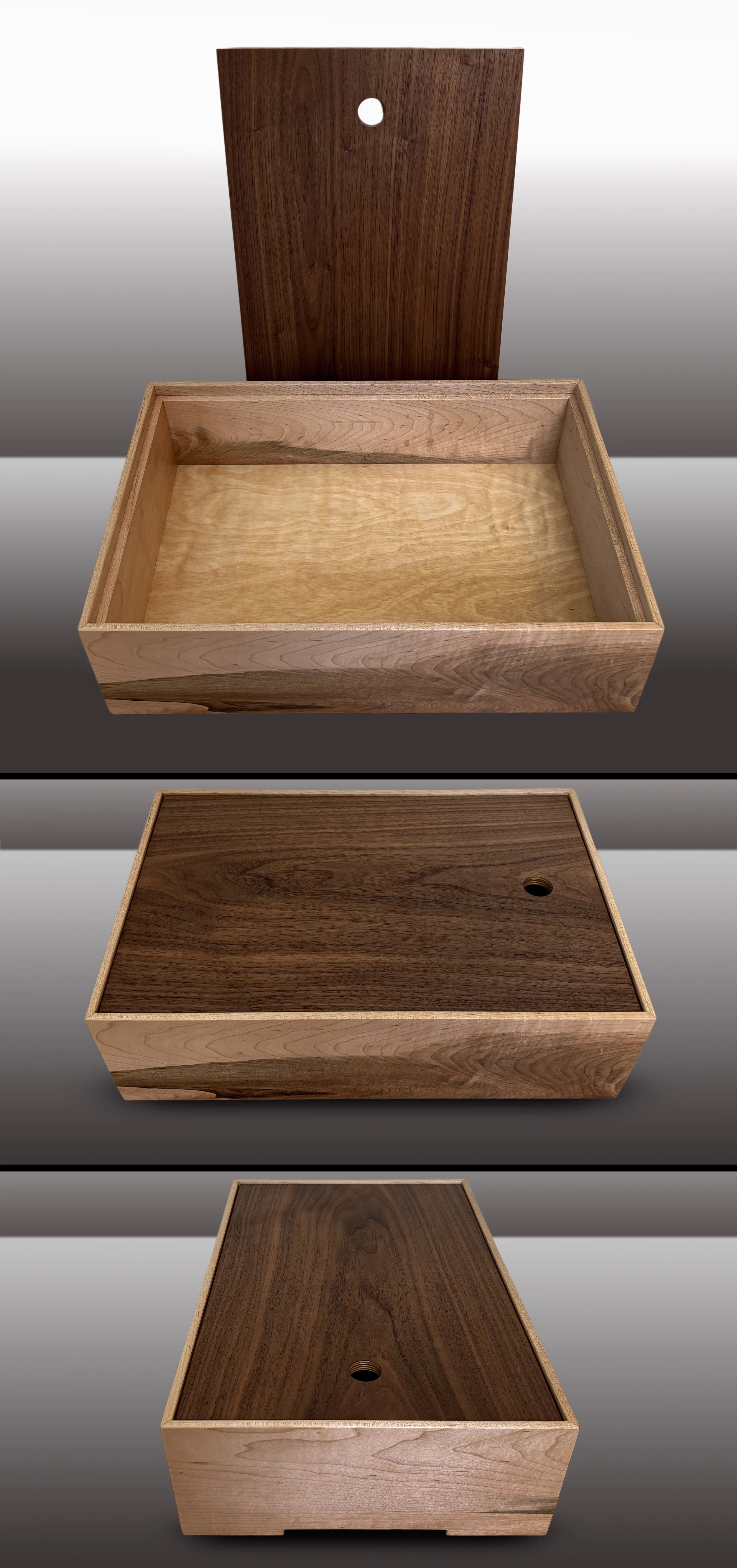 Box: Vivid heartwood of ‘Brown’ Maple, oiled clear. Lid: Wide slices of flat-sawn Walnut, both sides. Fits legal.