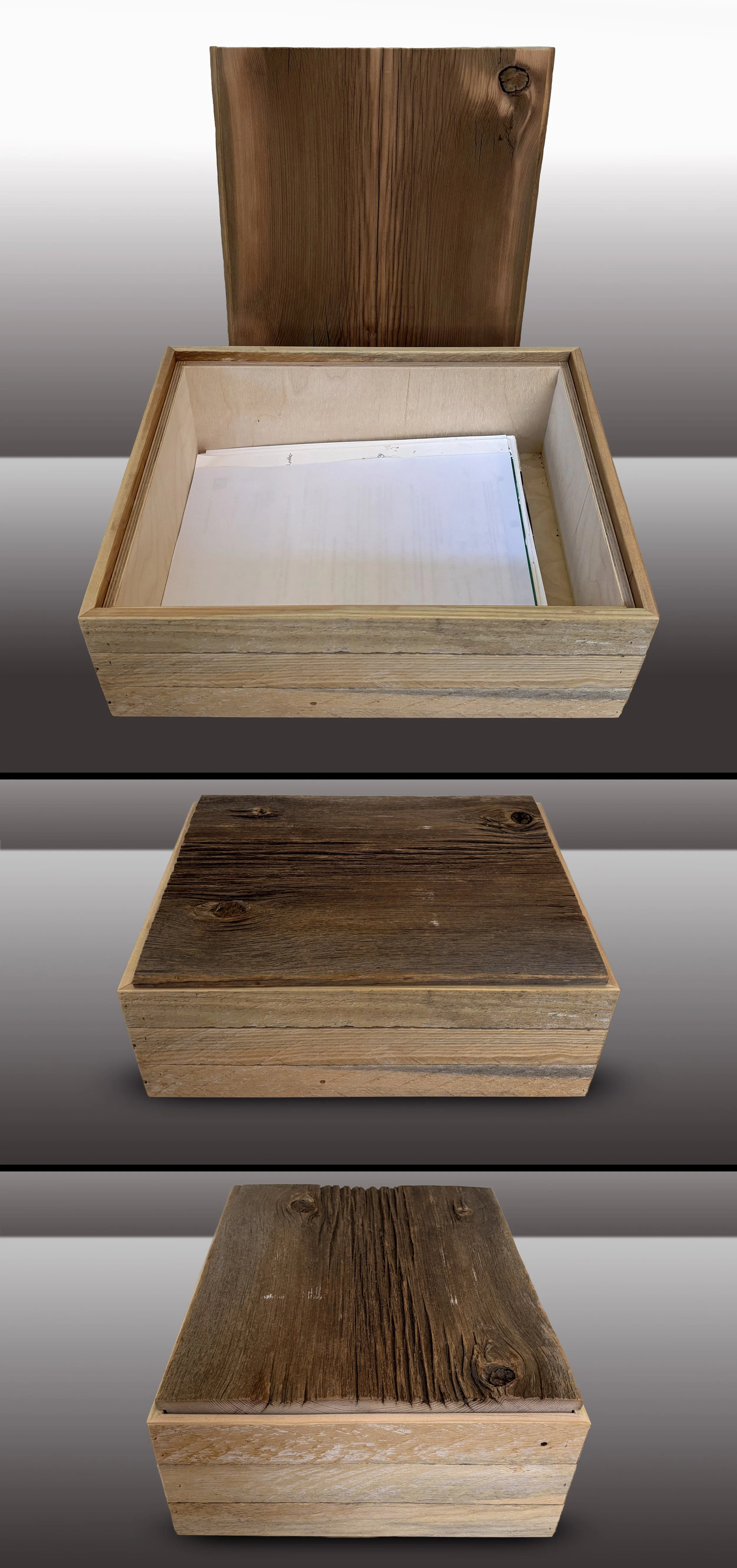 Box: Reclaimed plaster lath, on Baltic Birch interior. Lid: Raw ancient barn-board. Fits letter. Ideal document box. 