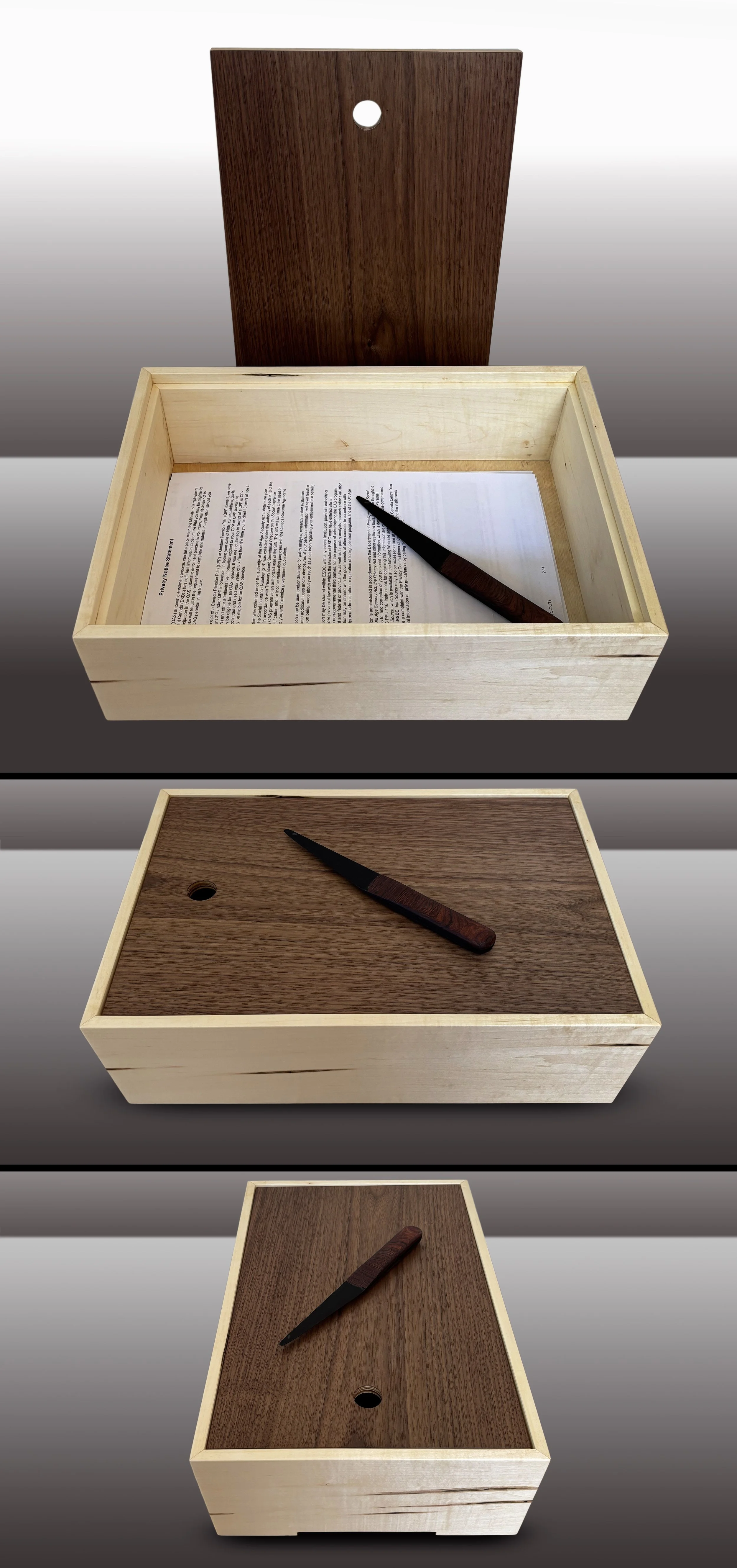 Box: White wormy Maple. Lid: Wide slices of flat-sawn Walnut, both sides. Fits legal. Optional letter opener.
