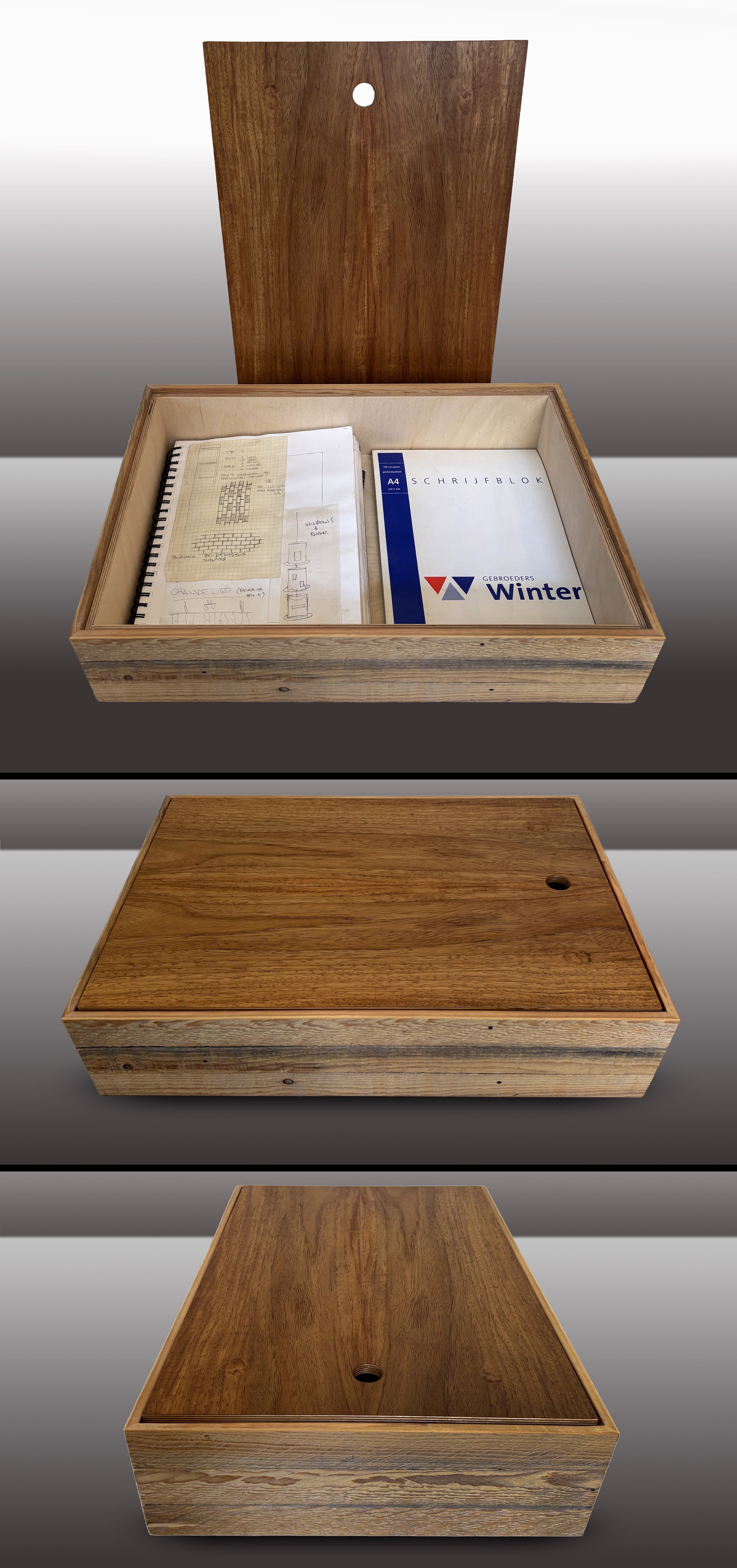 Box: Reclaimed plaster lath on Baltic Birch interior. Lid: Book-matched Narra, both sides. Fits Tabloid [A3].