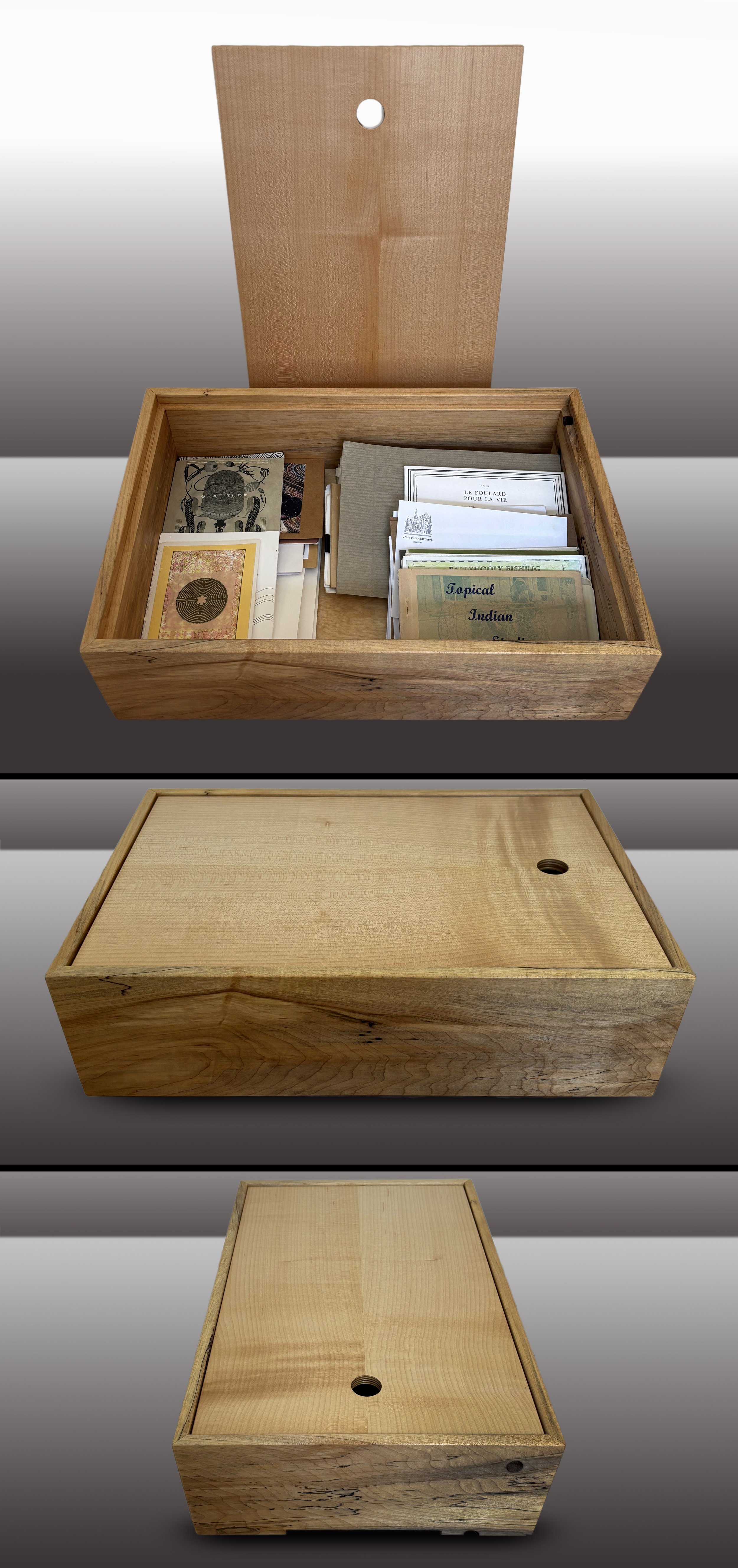 Box: Spalted sugar Maple, including tap holes. Lid: Lively quarter-sawn curly Maple, both sides. Fits legal.