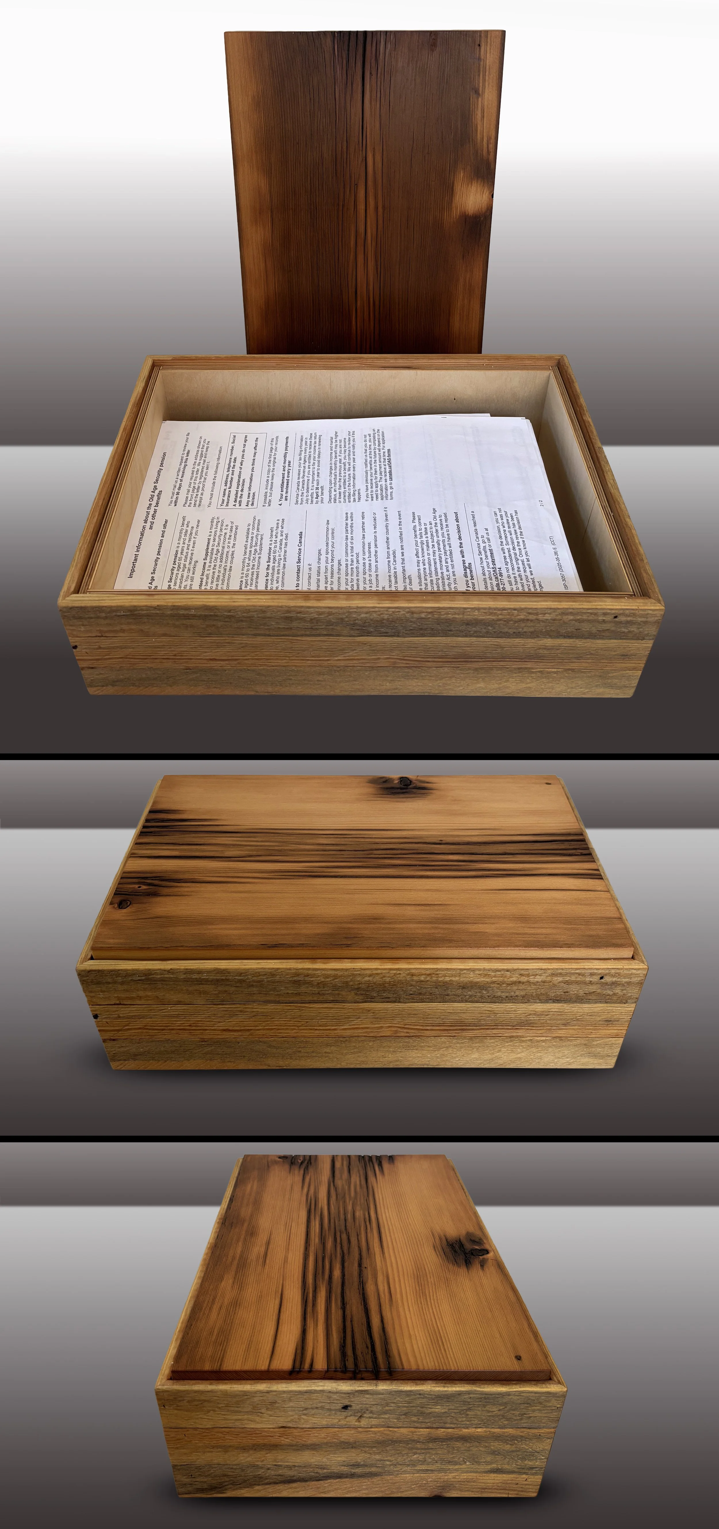 Box: Reclaimed plaster lath on Baltic Birch interior. Lid: Dressed ancient barn-board. Fits legal.