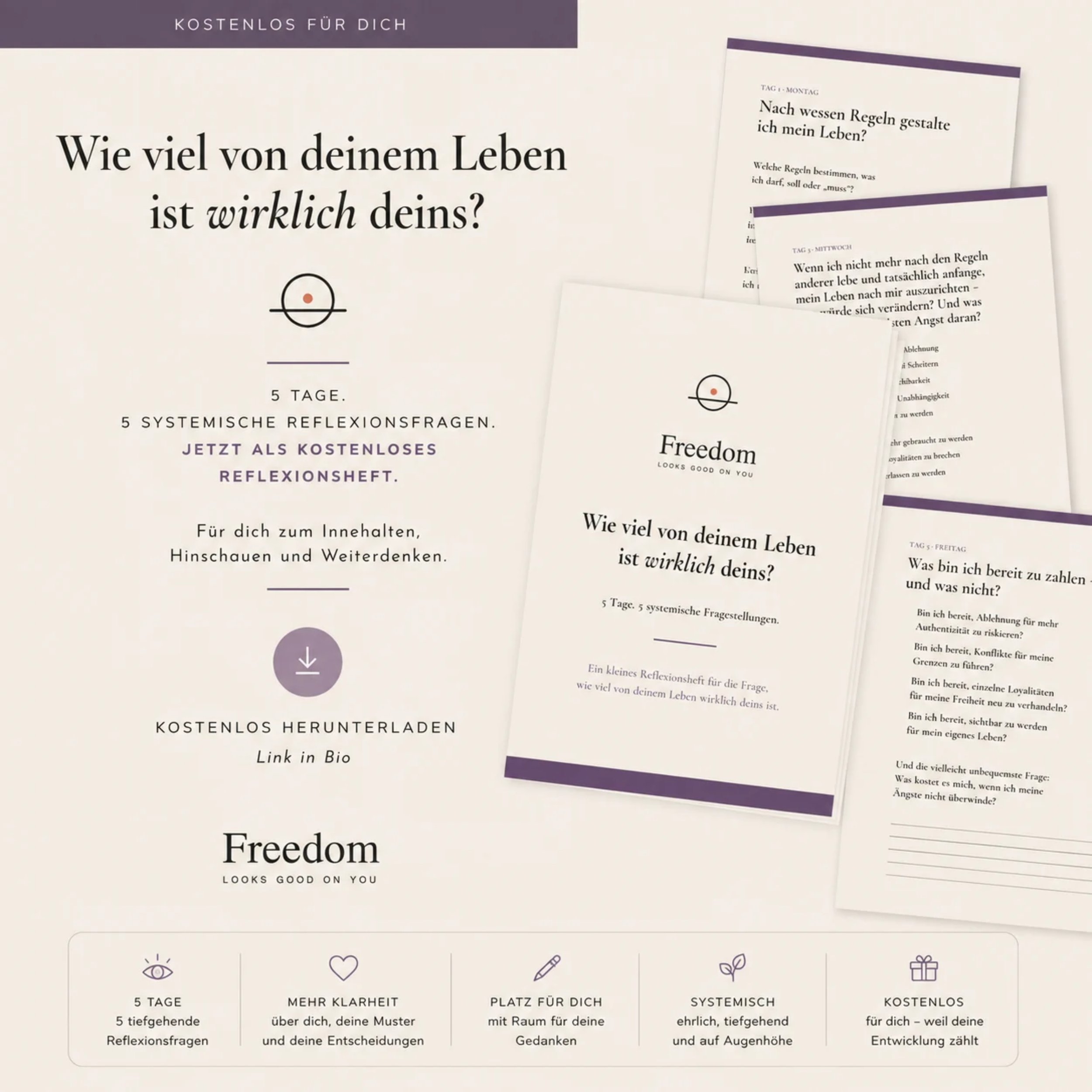 Eine Webseite mit dem Titel 'Wie viel von deinem Leben ist wirklich deins?' und weiteren Reflexionsfragen und Texten zu den Themen Freiheit, Klarheit, Entscheidung, Raum und Entwicklung. Die Seite bietet kostenlosen Download eines Reflexionshefts und ist in einem modernen, minimalistischen Design gehalten.