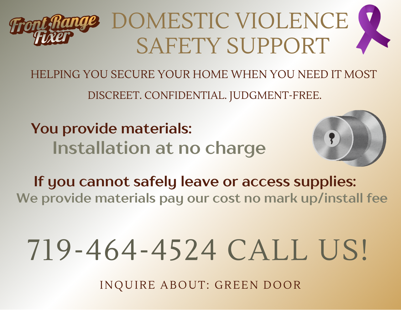 Flyer for Front Range Fixer offering domestic violence safety support with phone number and mention of free installation, purple ribbon, and a silver door lock.