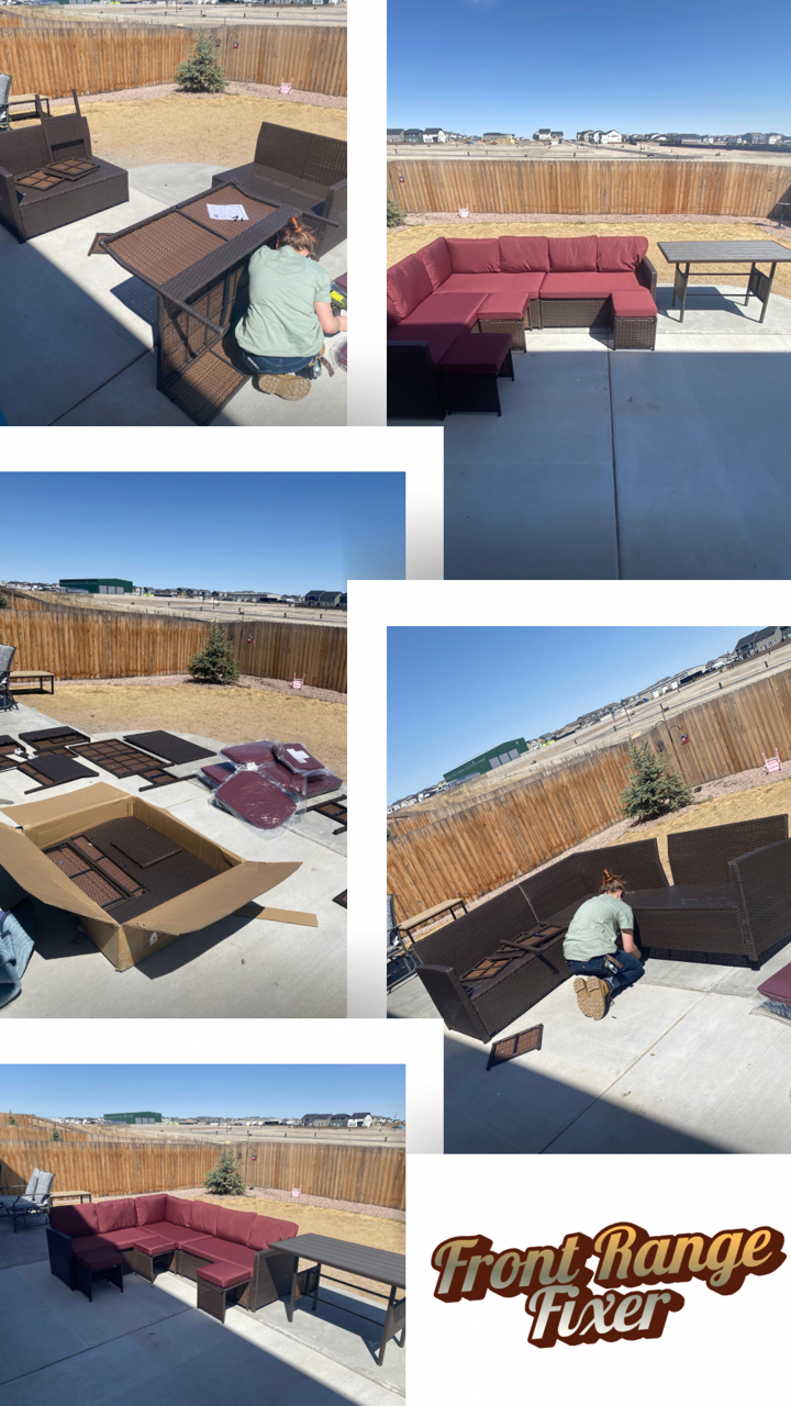Sequence of images showing outdoor patio furniture assembly where a woman is installing outdoor furniture, including chairs, a sectional sofa with red cushions, and a table. The background features a wooden fence, some small bushes, and a clear blue sky.