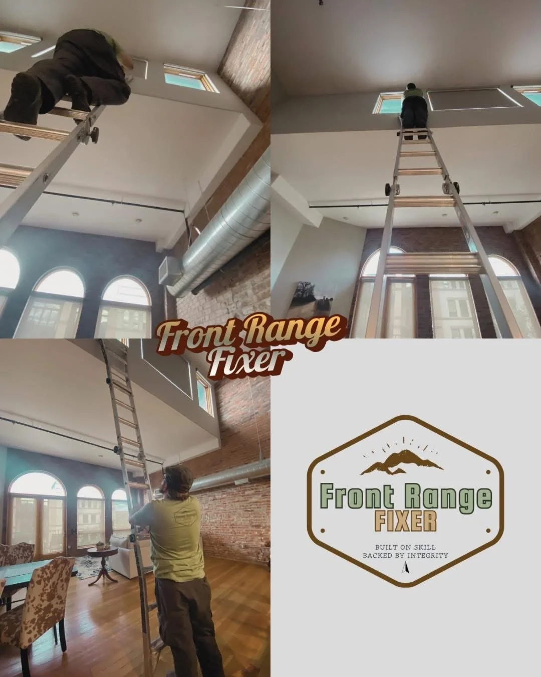 Three photos showing a person installing batteries in a high ceiling room with brick walls and large arched windows. The person is using ladder. The bottom photo shows a logo for 'Front Range Fixer' with a tagline 'Built on skill, backed by integrity