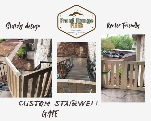 Image showing three different views of a custom wooden stairwell gate with black metal railings, designed for durability and safety, by Front Range Fixer, emphasizing sturdy design and renter-friendly features.