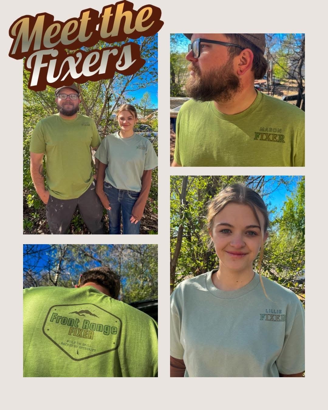Collage of five photos of young adults outdoors, wearing matching green t-shirts with 'Mason Fixer' logo, including a man and woman in the main photo, close-ups of a man and woman, and a shot of the back of a person with 'Front Range Fixer' logo on the shirt. The background features trees and blue sky.