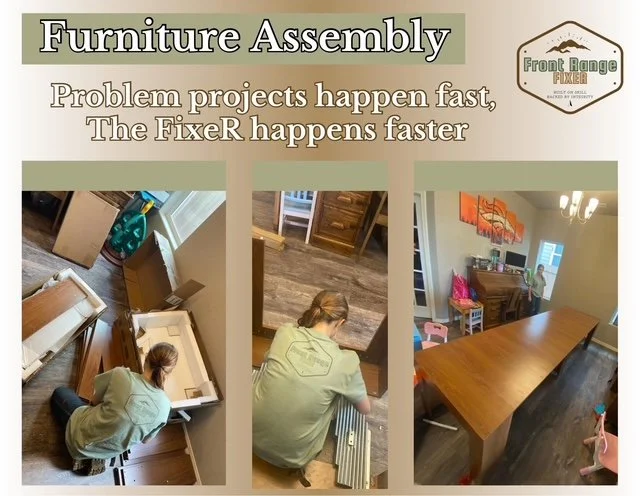 A collage of three photos showing furniture assembly process in a home, with the headline 'Furniture Assembly' and subtext 'Problem projects happen fast, The FixeR happens faster'.