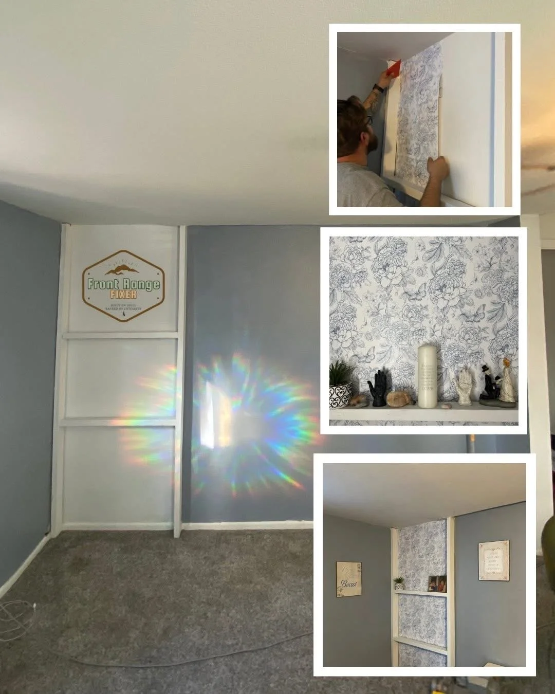 A wall in a room with a white decorative shelf and blue-gray painted wall, reflecting sunlight into a rainbow pattern on the wall. Inset images show a person applying wallpaper, a shelf with decorative objects and a floral wallpaper accent, and a corner with framed art and built-in shelves.