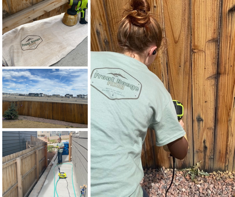 Person using a power drill on a wooden fence outside, wearing a gray t-shirt with 'Front Range Fencing' logo, with other images showing a tool bag, an outdoor landscape with a wooden fence and sky, and a person working with a hose next to a fence.