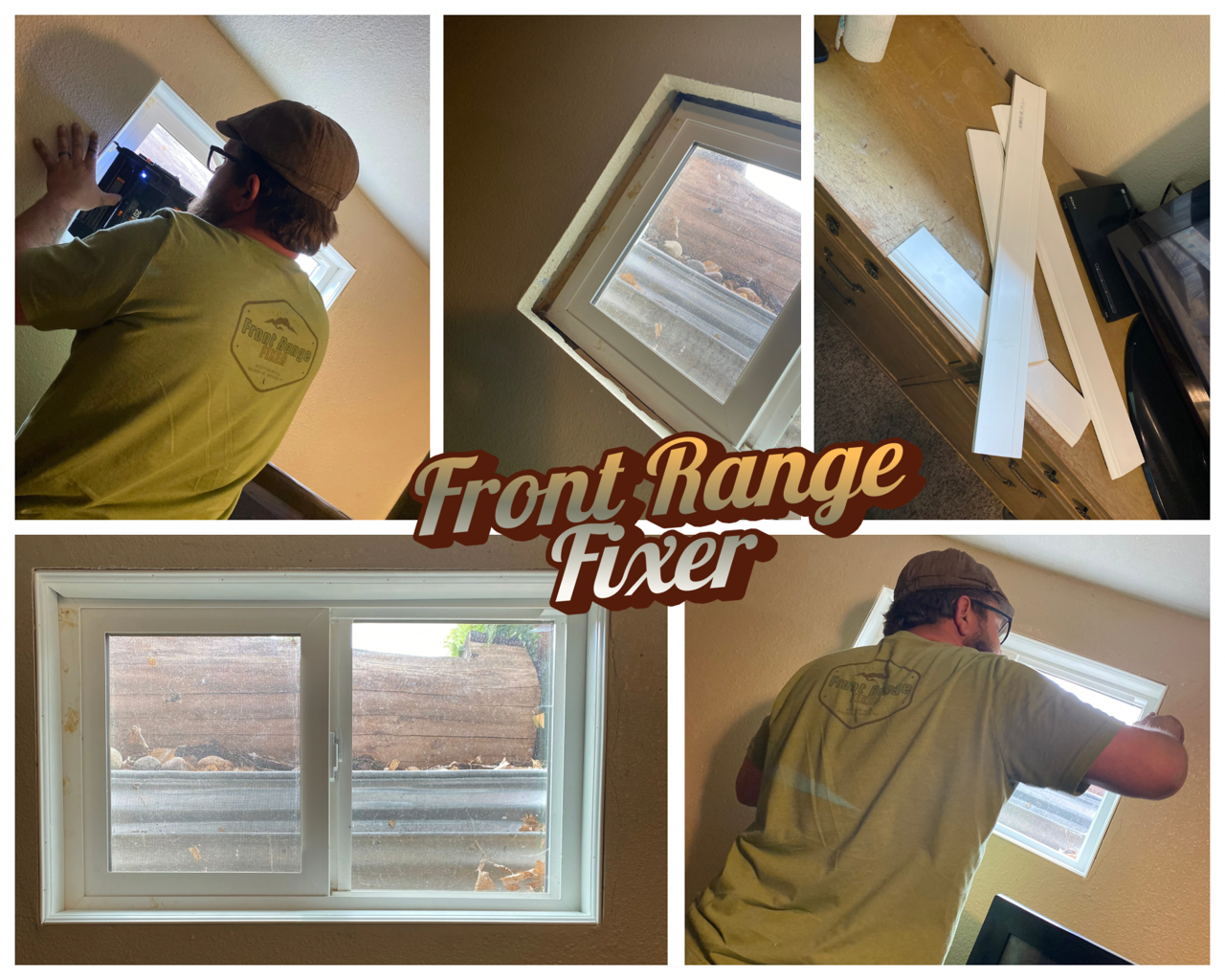 A collage of five photos showing a man installing a front range window. The photos include the man working on the window, a close-up of the window frame, disassembled window parts on a table, the completed window from outside, and the man adjusting the window from inside.