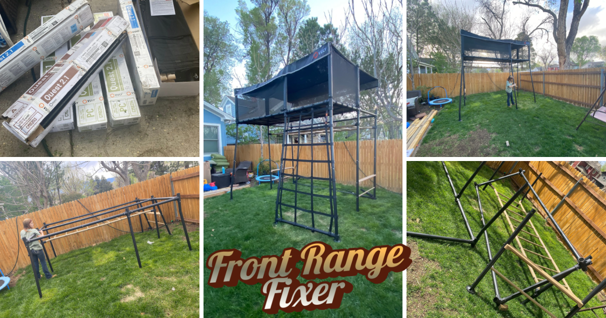 Images showing the process of assembling a backyard playset, including boxes of parts, the partially assembled black metal structure, and children playing on the completed equipment, with trees and a wooden fence in the background.