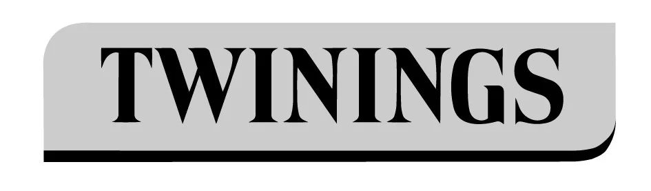 Black text that reads 'TWININGS' on a gray background.