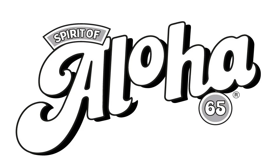 Graphic design with the words "Spirit of Aloha" and the number 65, styled in black and gray, representing Hawaiian cultural themes.